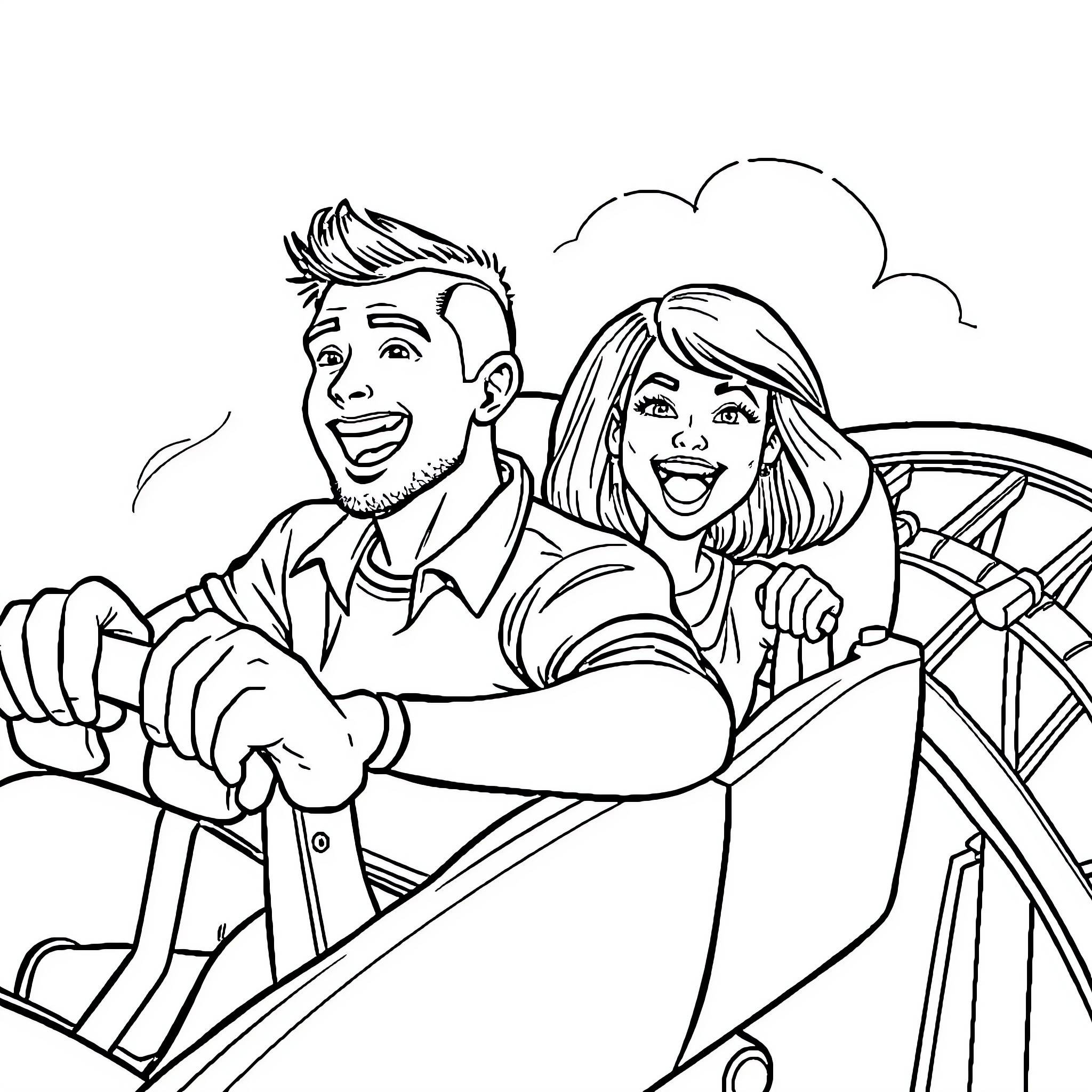 Man and Woman Enjoying Rollercoaster Ride Coloring Page (free black-and-white line drawing printable PDF for all, from beginners to advanced learners, including children, teens, adults, and seniors)