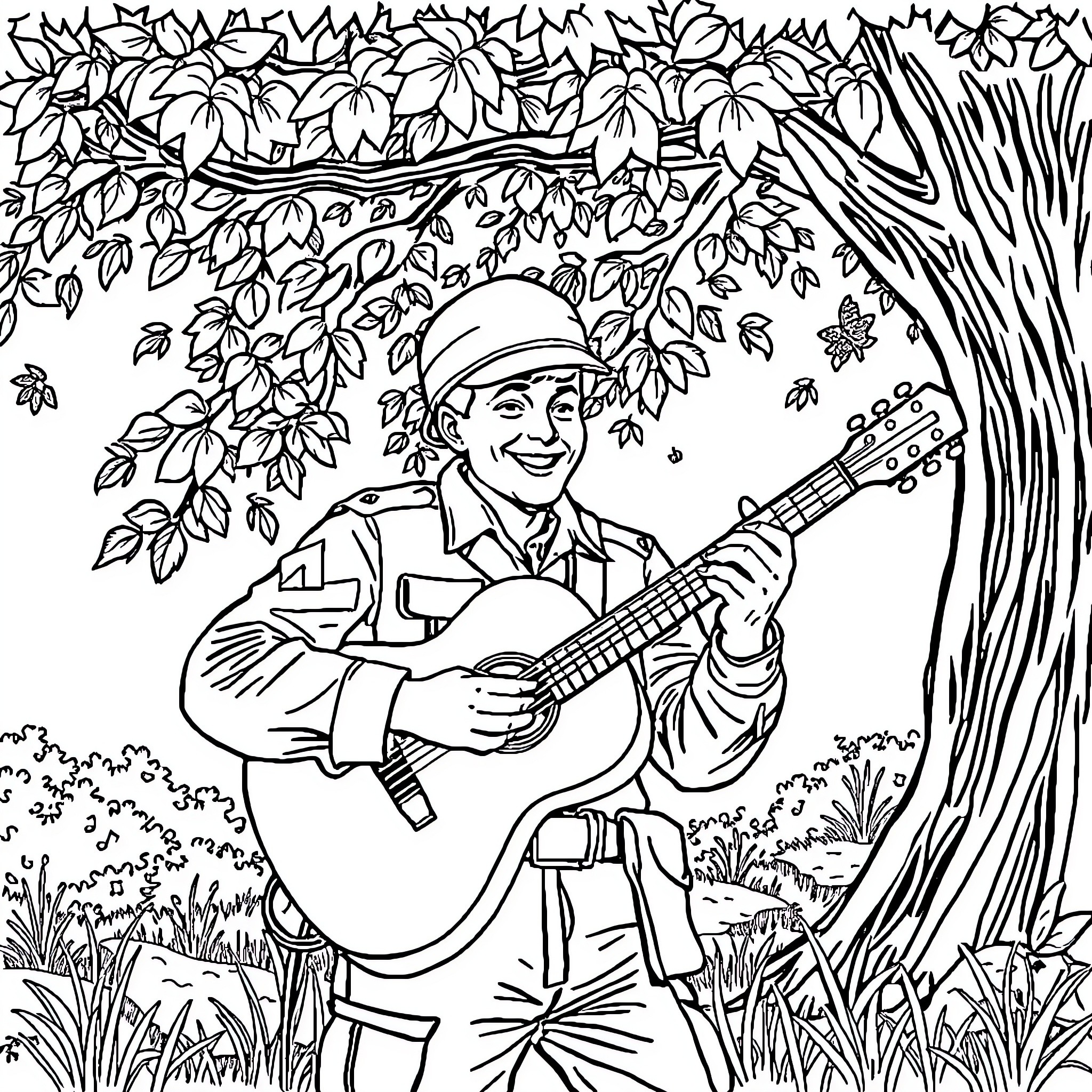 Soldier playing guitar in nature Coloring Page (free black-and-white line drawing printable PDF for all, from beginners to advanced learners, including children, teens, adults, and seniors)