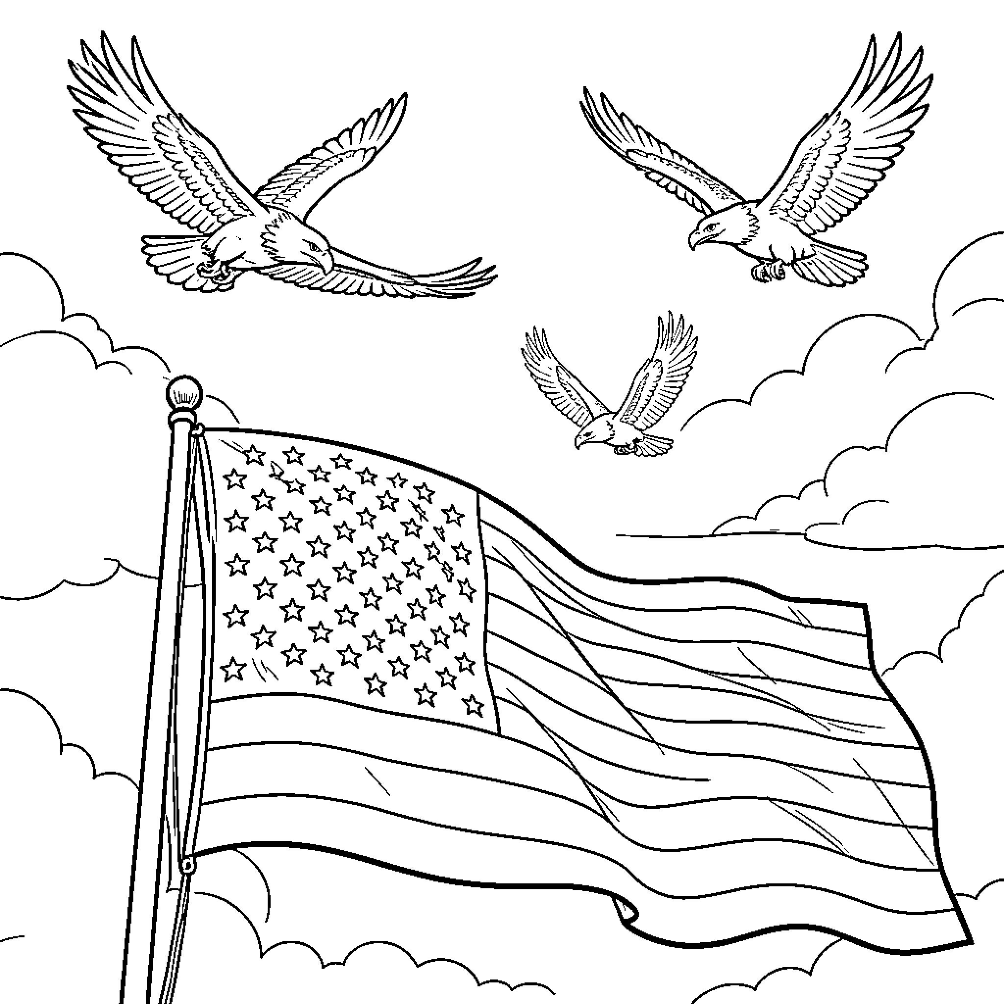 Eagle flying majestically near the American flag Coloring Page (free black-and-white line drawing printable PDF for all, from beginners to advanced learners, including children, teens, adults, and seniors)