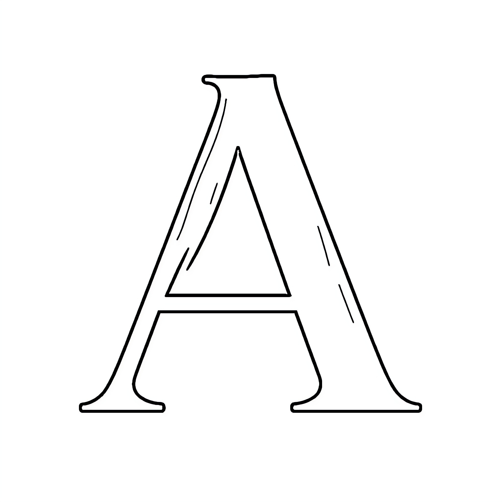 Letter A displayed in simple outline form Coloring Page (free black-and-white line drawing printable PDF for all, from beginners to advanced learners, including children, teens, adults, and seniors)
