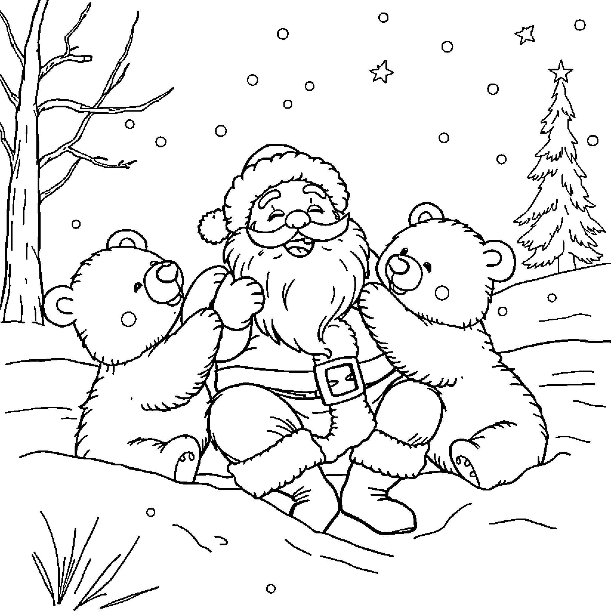 Santa surrounded by friendly polar bears in winter wonderland Coloring Page (free black-and-white line drawing printable PDF for all, from beginners to advanced learners, including children, teens, adults, and seniors)
