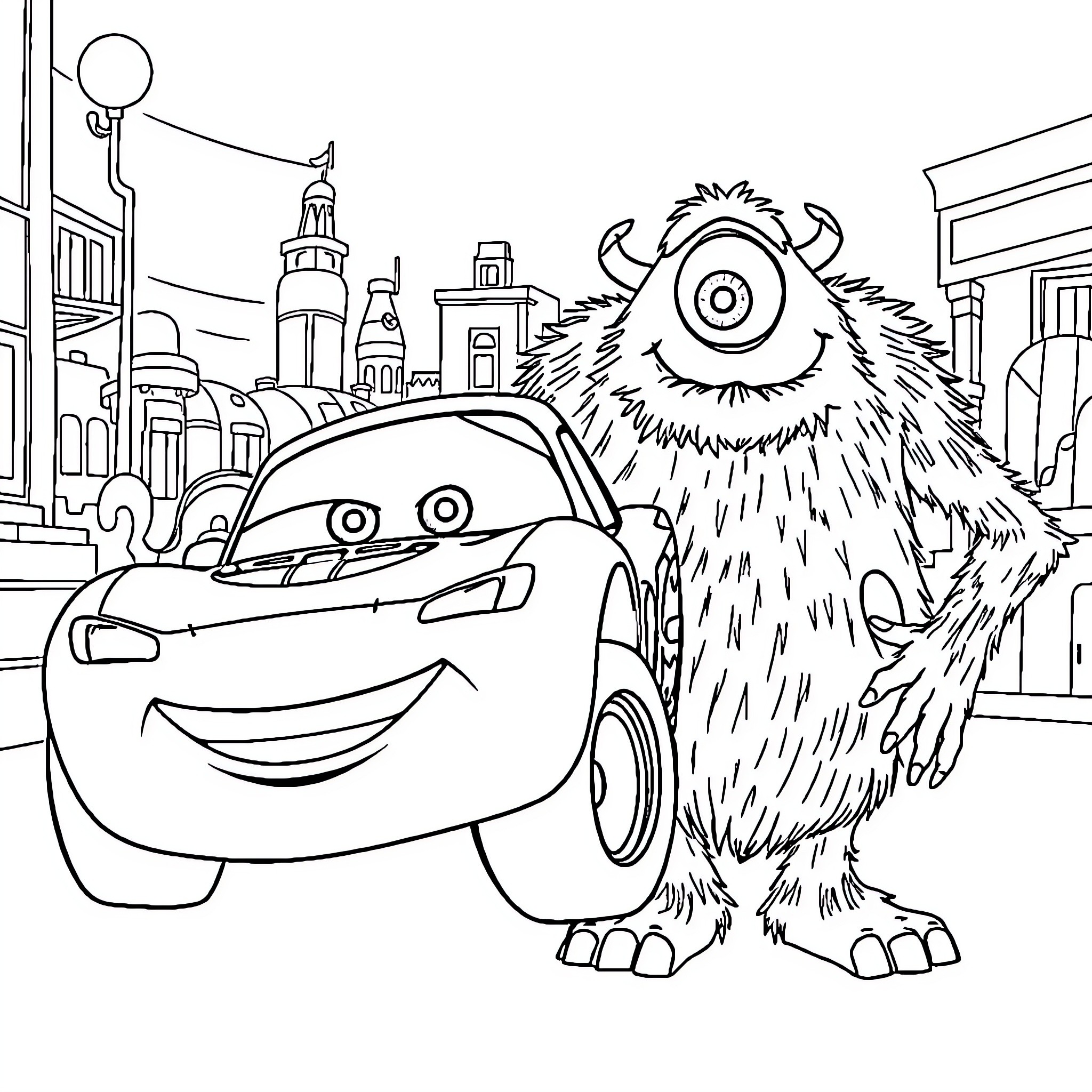 Lightning McQueen and a furry monster in the city Coloring Page (free black-and-white line drawing printable PDF for all, from beginners to advanced learners, including children, teens, adults, and seniors)