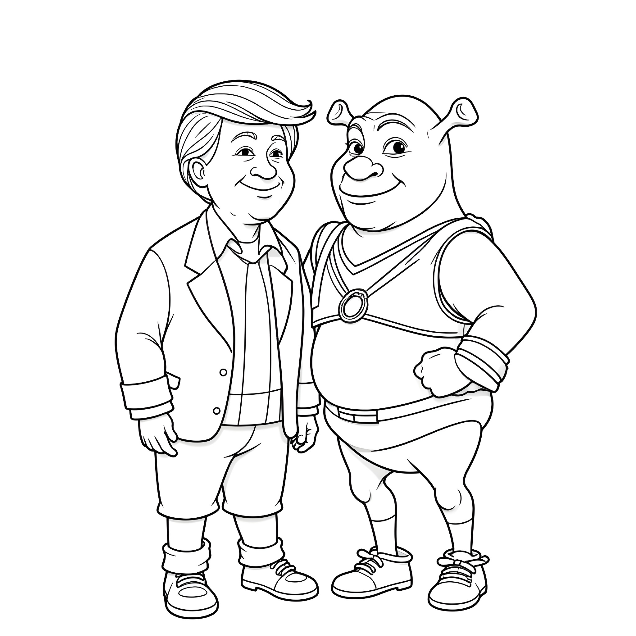 Donald Trump and Shrek posing together happily Coloring Page (free black-and-white line drawing printable PDF for all, from beginners to advanced learners, including children, teens, adults, and seniors)