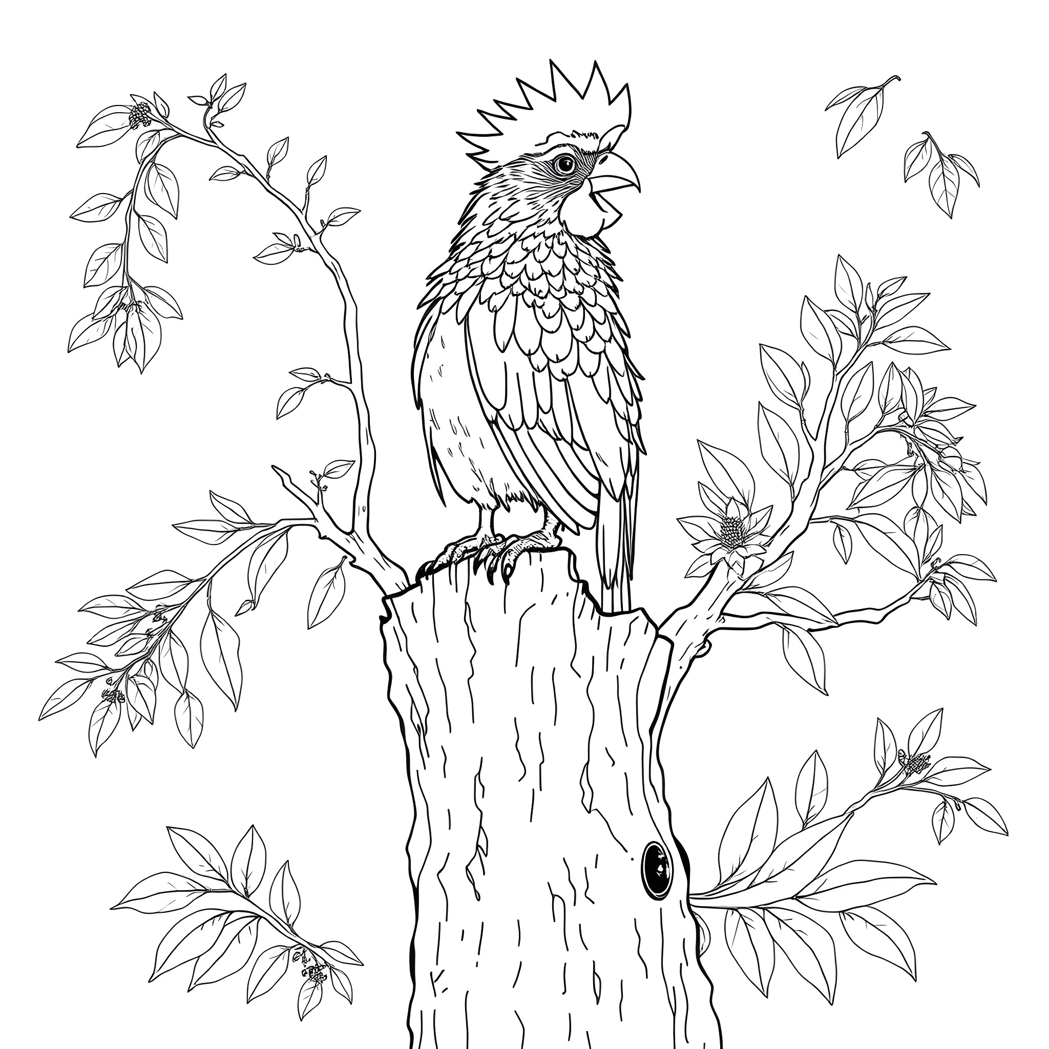 Guianan Cock of the Rock perched on a tree branch Coloring Page (free black-and-white line drawing printable PDF for all, from beginners to advanced learners, including children, teens, adults, and seniors)