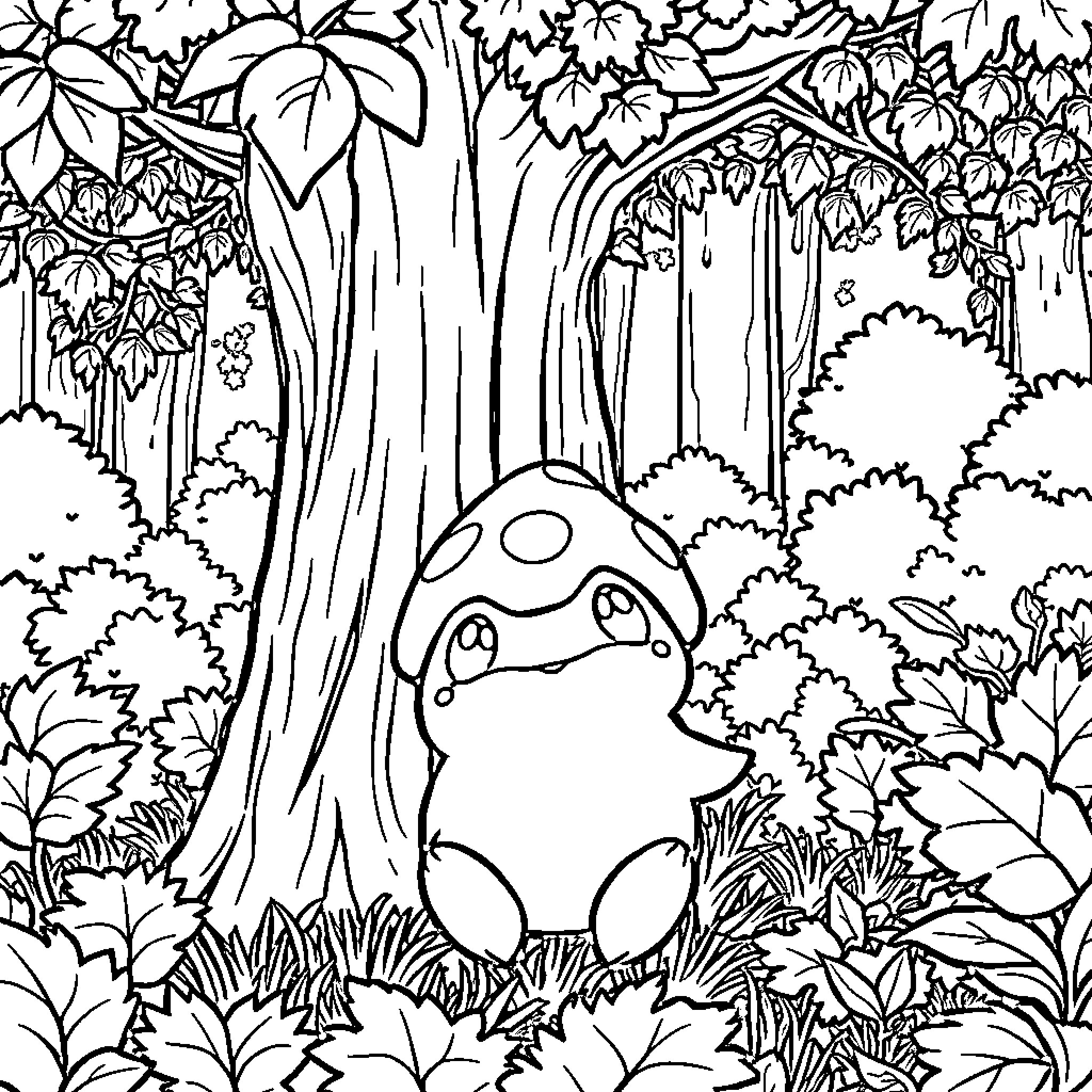 Oddish in the mysterious forest Coloring Page (free black-and-white line drawing printable PDF for all, from beginners to advanced learners, including children, teens, adults, and seniors)