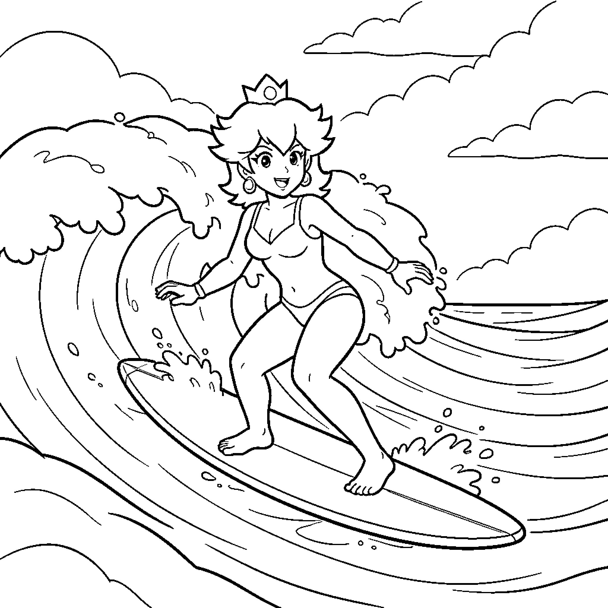 Princess Peach surfing on a large ocean wave Coloring Page (free black-and-white line drawing printable PDF for all, from beginners to advanced learners, including children, teens, adults, and seniors)