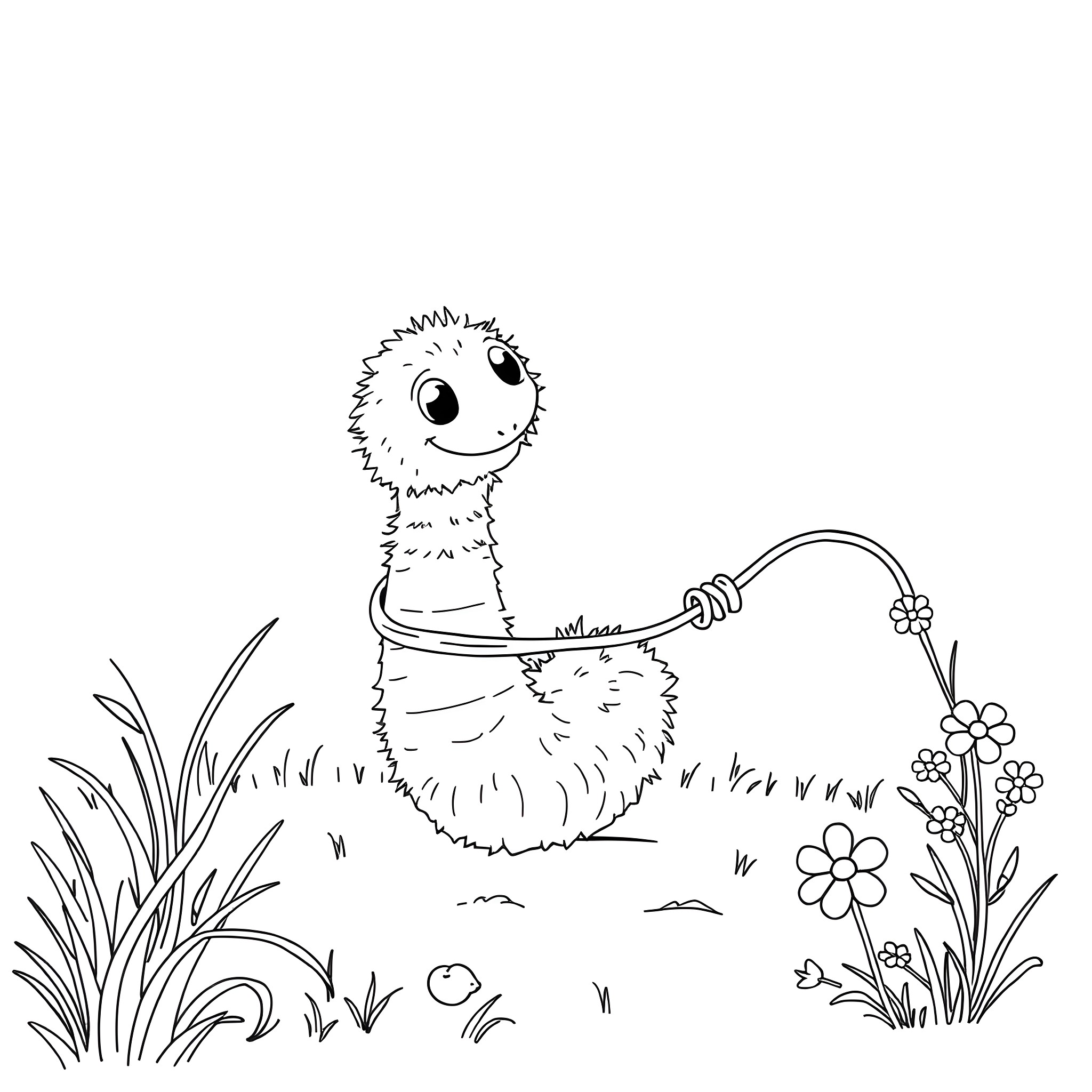 Worm watering flowers with a hose Coloring Page (free black-and-white line drawing printable PDF for all, from beginners to advanced learners, including children, teens, adults, and seniors)