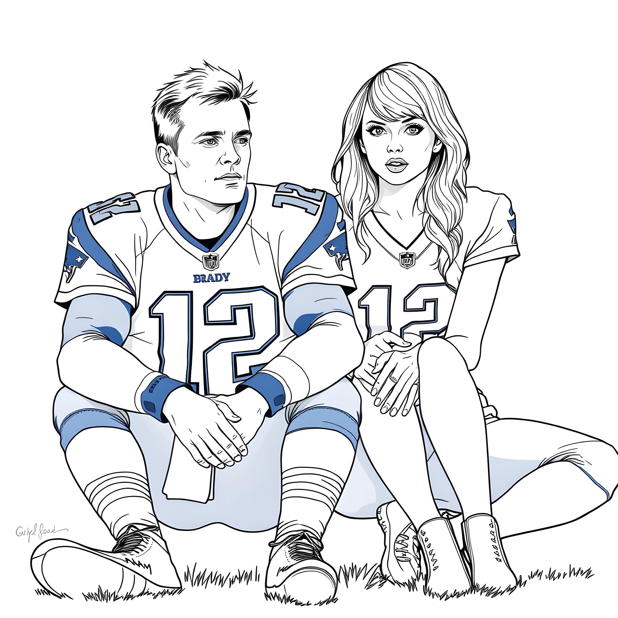 Tom Brady and partner relaxing on the field Coloring Page (free black-and-white line drawing printable PDF for all, from beginners to advanced learners, including children, teens, adults, and seniors)