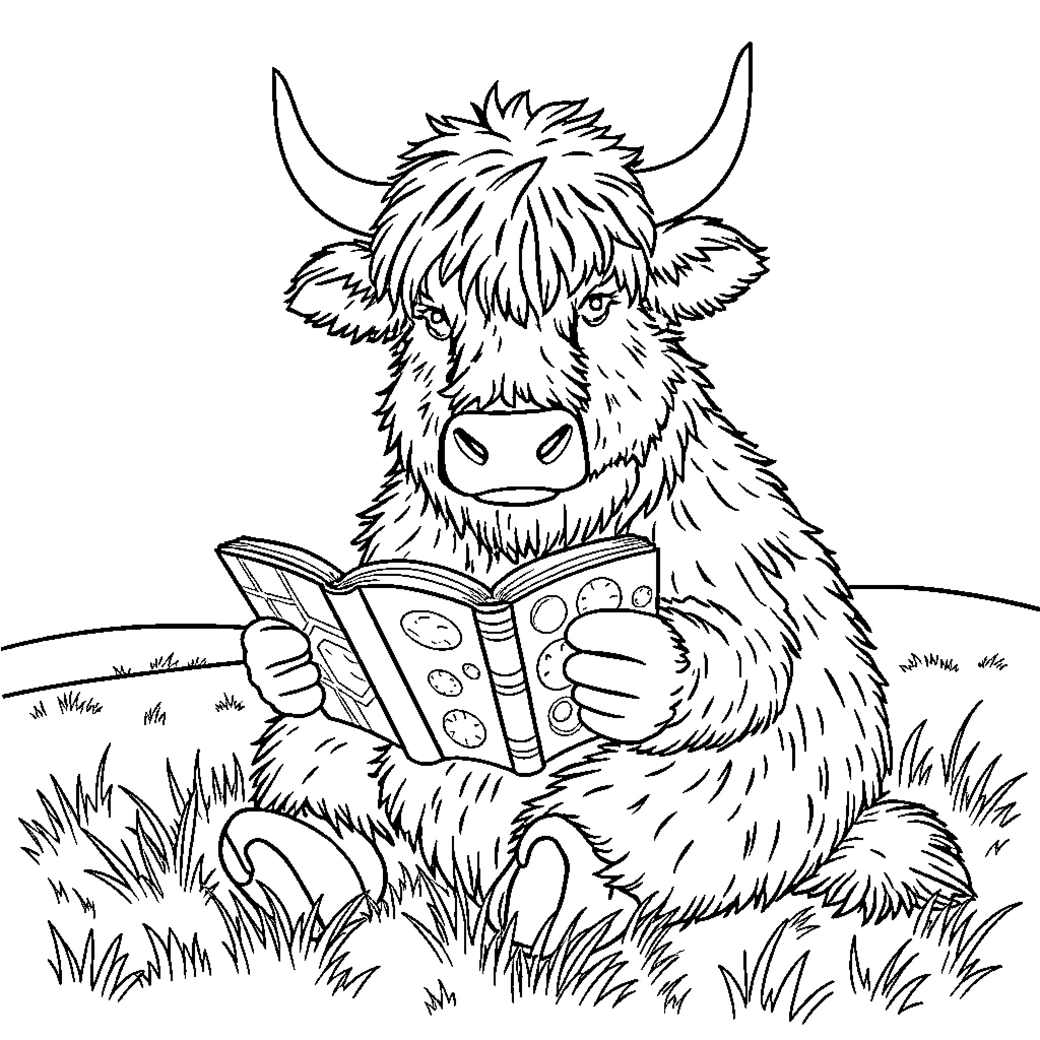 Highland Cow reading book in field Coloring Page (free black-and-white line drawing printable PDF for all, from beginners to advanced learners, including children, teens, adults, and seniors)