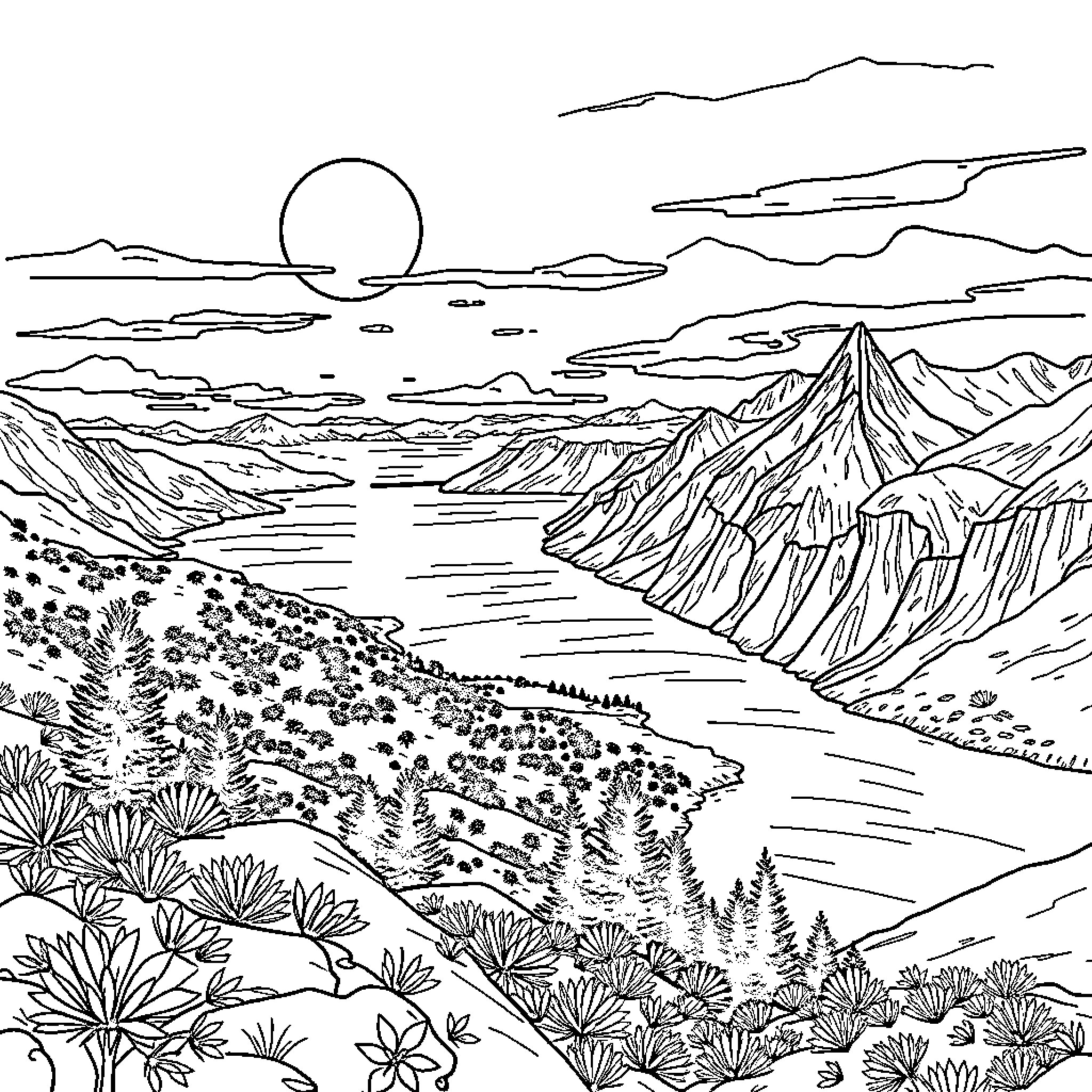 Country landscape with mountain scenery and sunset Coloring Page (free black-and-white line drawing printable PDF for all, from beginners to advanced learners, including children, teens, adults, and seniors)