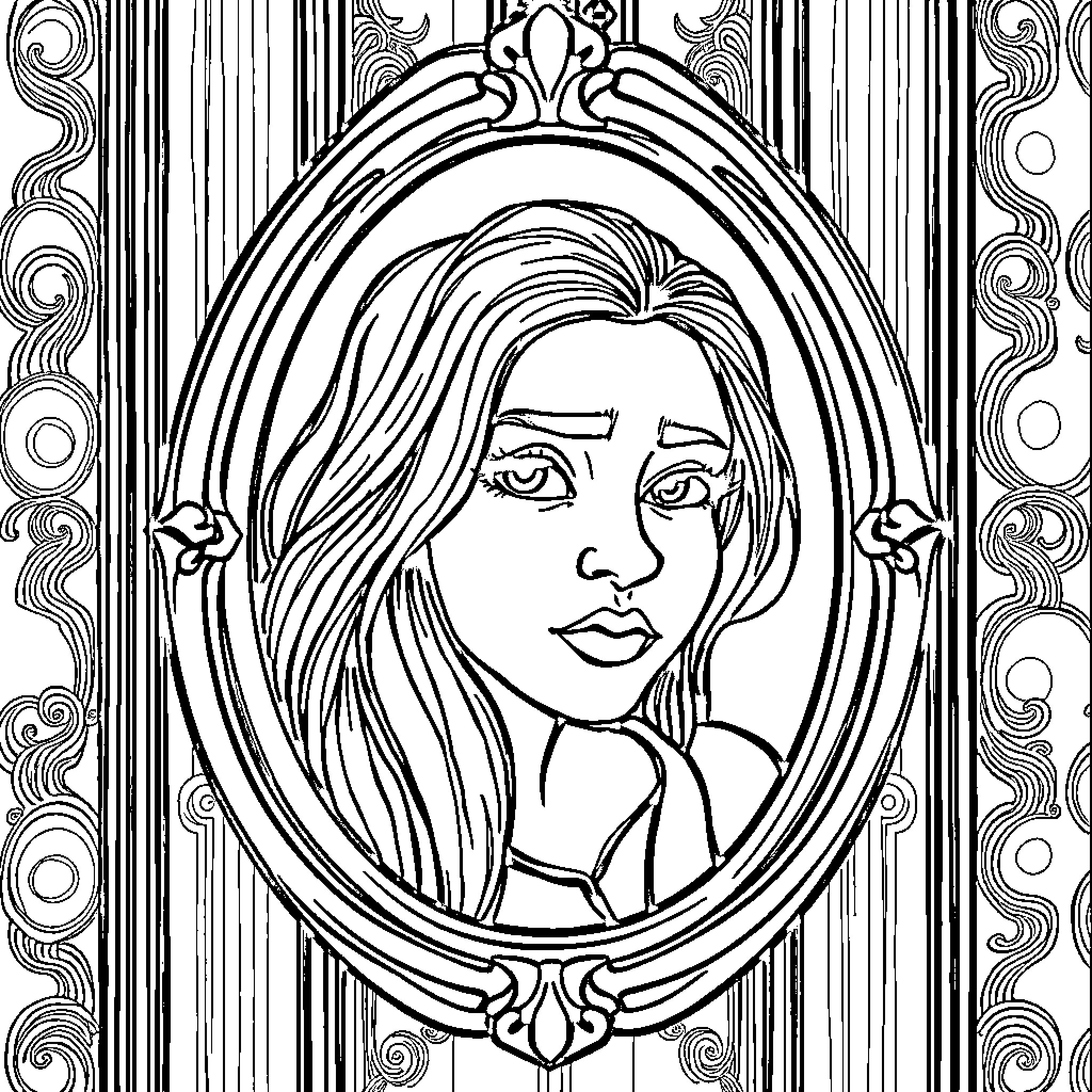 Mirror Reflecting a Pensive Young Woman Coloring Page (free black-and-white line drawing printable PDF for all, from beginners to advanced learners, including children, teens, adults, and seniors)