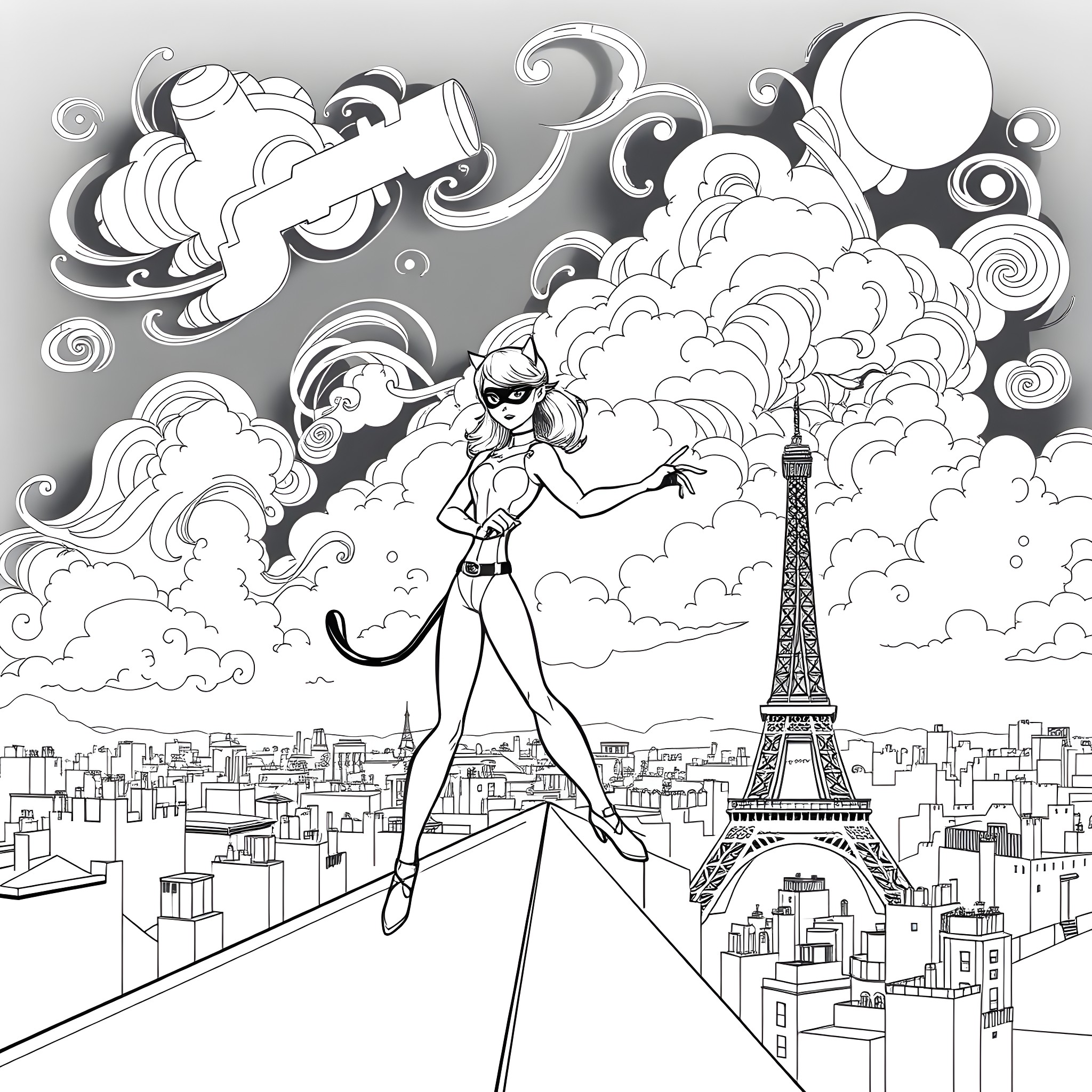 Cat Noir's Superhero Adventure over Paris Coloring Page (free black-and-white line drawing printable PDF for all, from beginners to advanced learners, including children, teens, adults, and seniors)