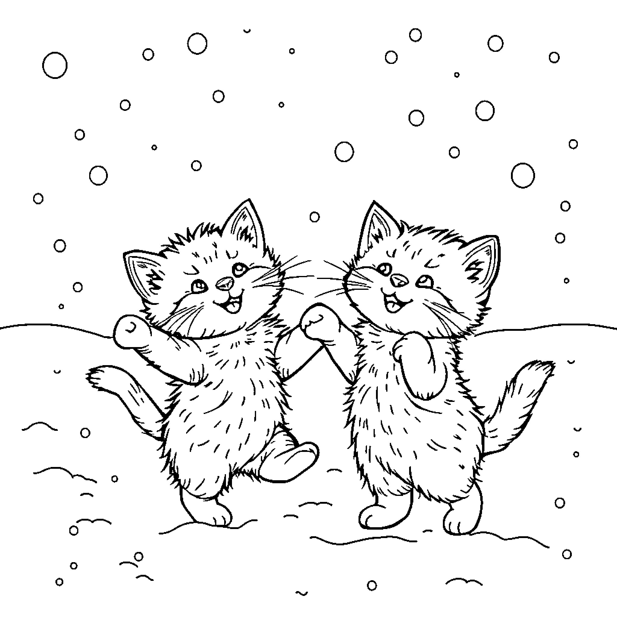 Kittens playing joyfully in the snow Coloring Page (free black-and-white line drawing printable PDF for all, from beginners to advanced learners, including children, teens, adults, and seniors)
