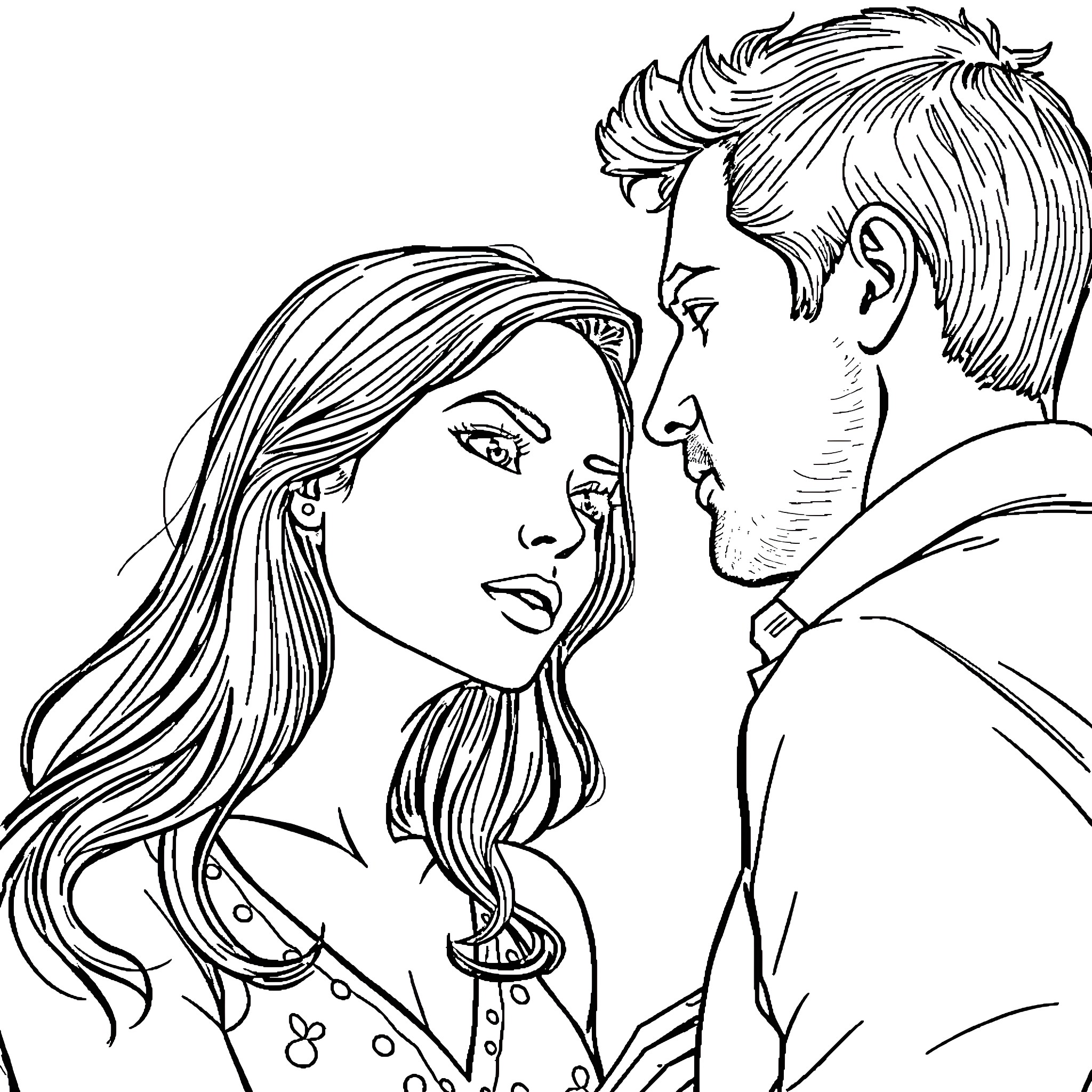 Woman in intimate conversation with man Coloring Page (free black-and-white line drawing printable PDF for all, from beginners to advanced learners, including children, teens, adults, and seniors)
