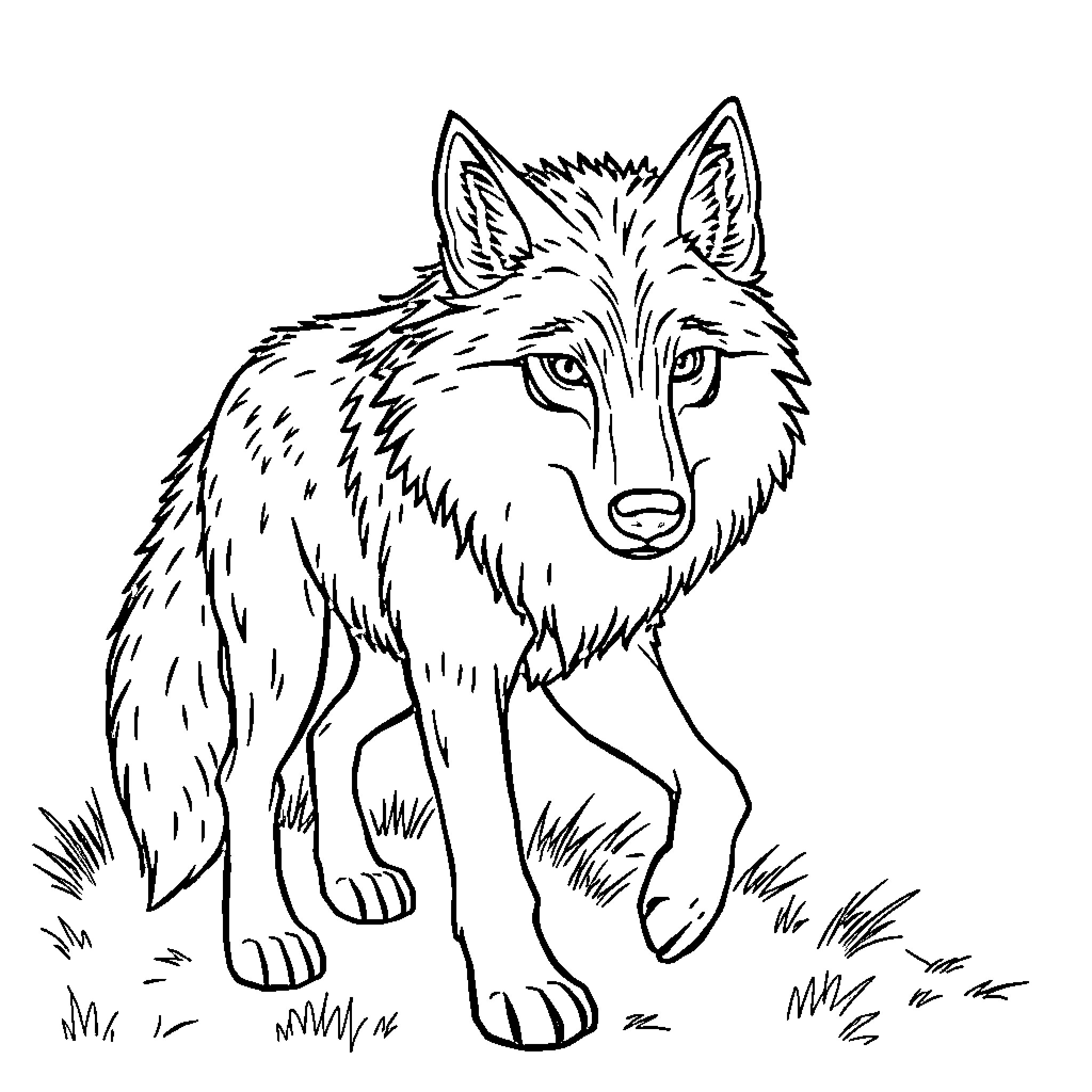 Wolf standing alert in the wilderness Coloring Page (free black-and-white line drawing printable PDF for all, from beginners to advanced learners, including children, teens, adults, and seniors)