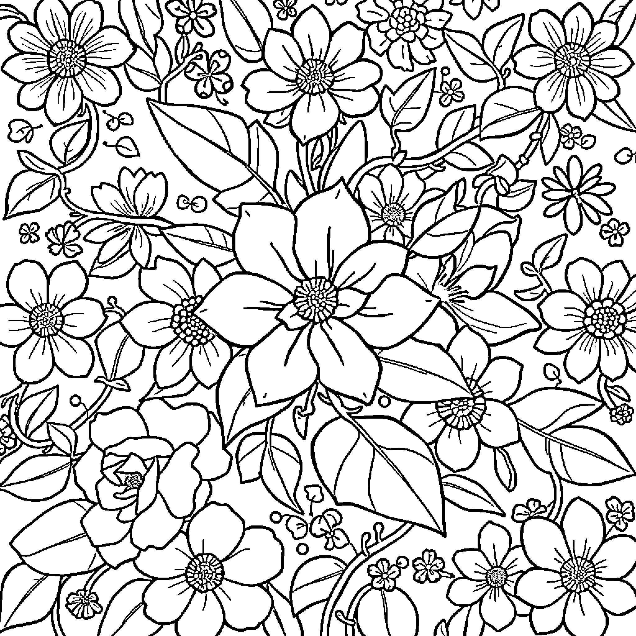 Floral garden scene with various blooming flowers Coloring Page (free black-and-white line drawing printable PDF for all, from beginners to advanced learners, including children, teens, adults, and seniors)