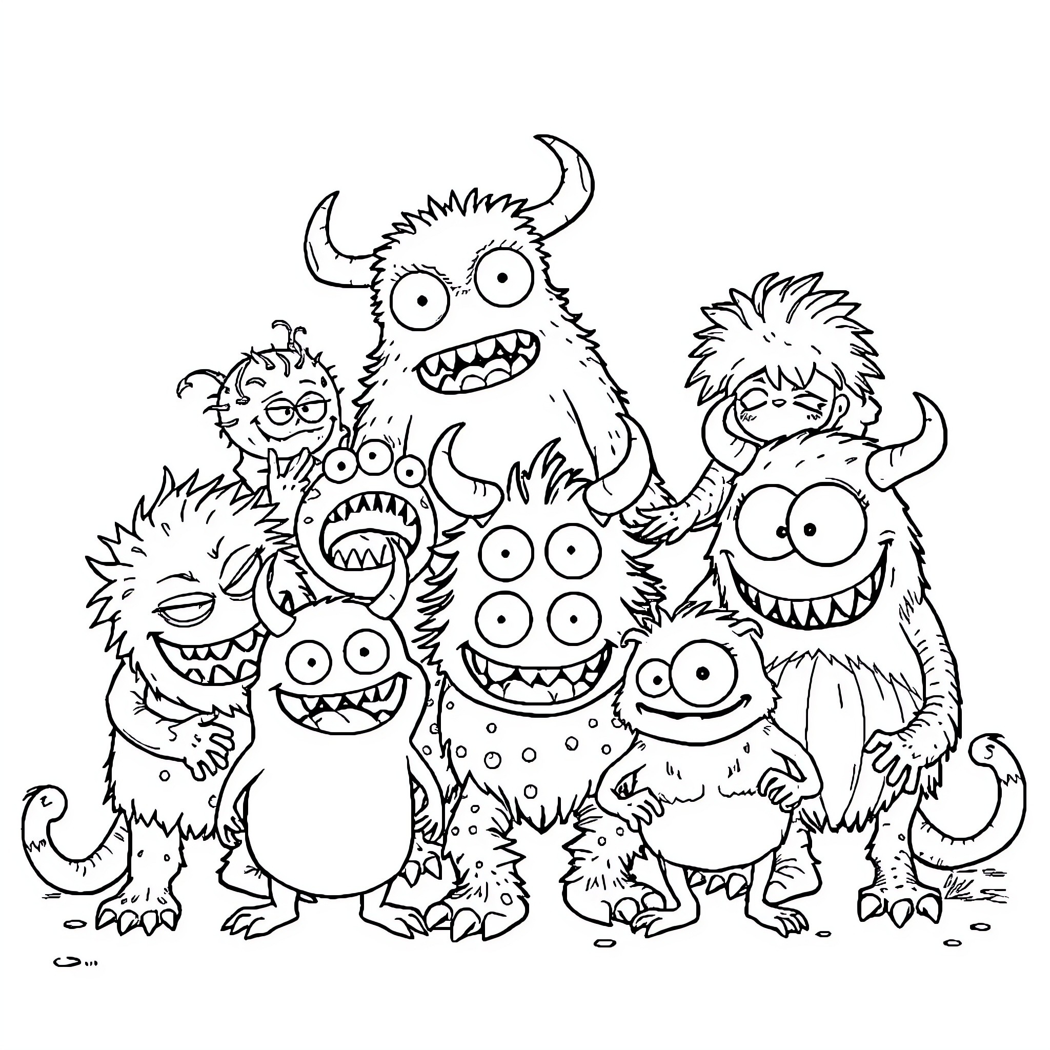 Monster family laughing and playing together Coloring Page (free black-and-white line drawing printable PDF for all, from beginners to advanced learners, including children, teens, adults, and seniors)