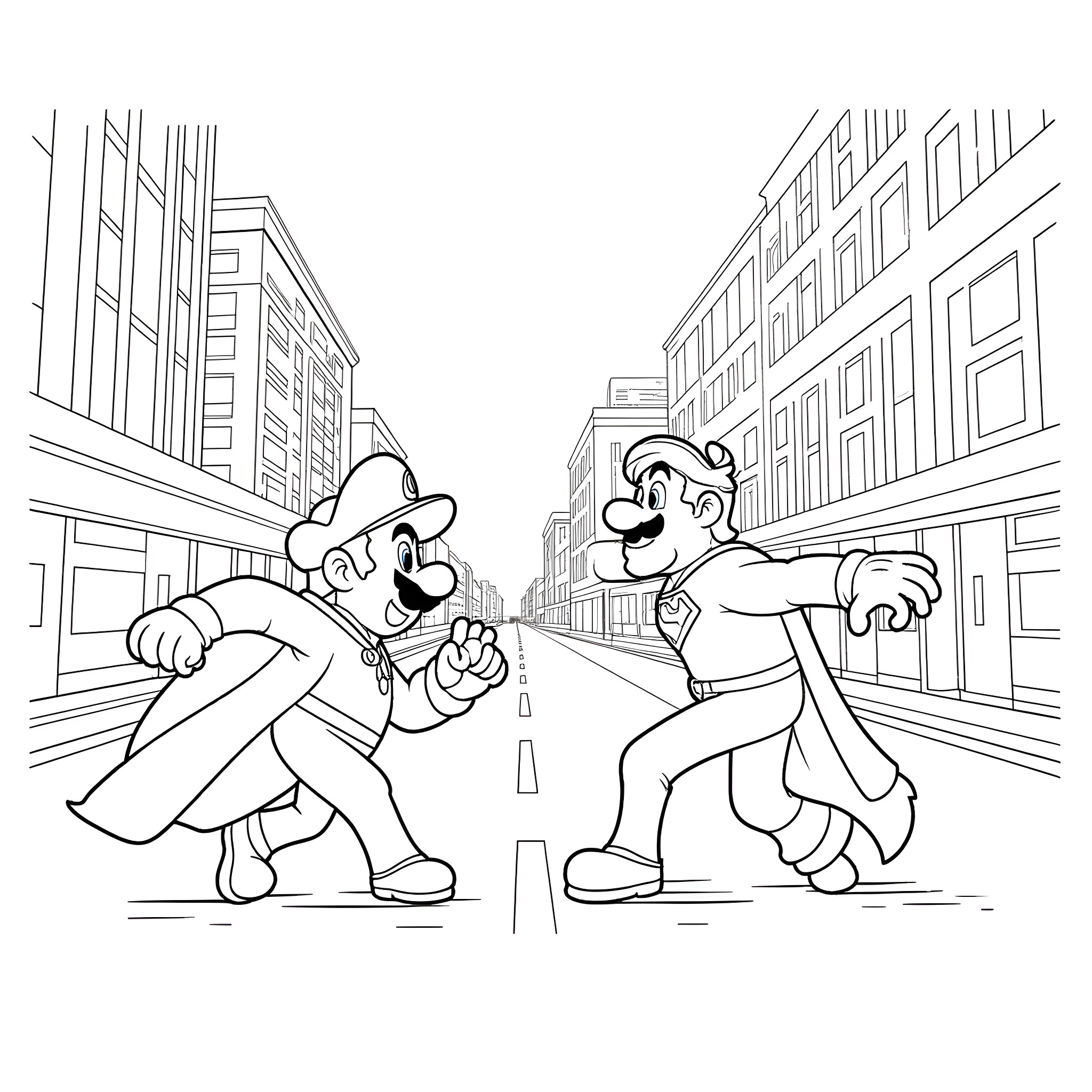 Mario and Luigi engaged in a street fight Coloring Page (free black-and-white line drawing printable PDF for all, from beginners to advanced learners, including children, teens, adults, and seniors)