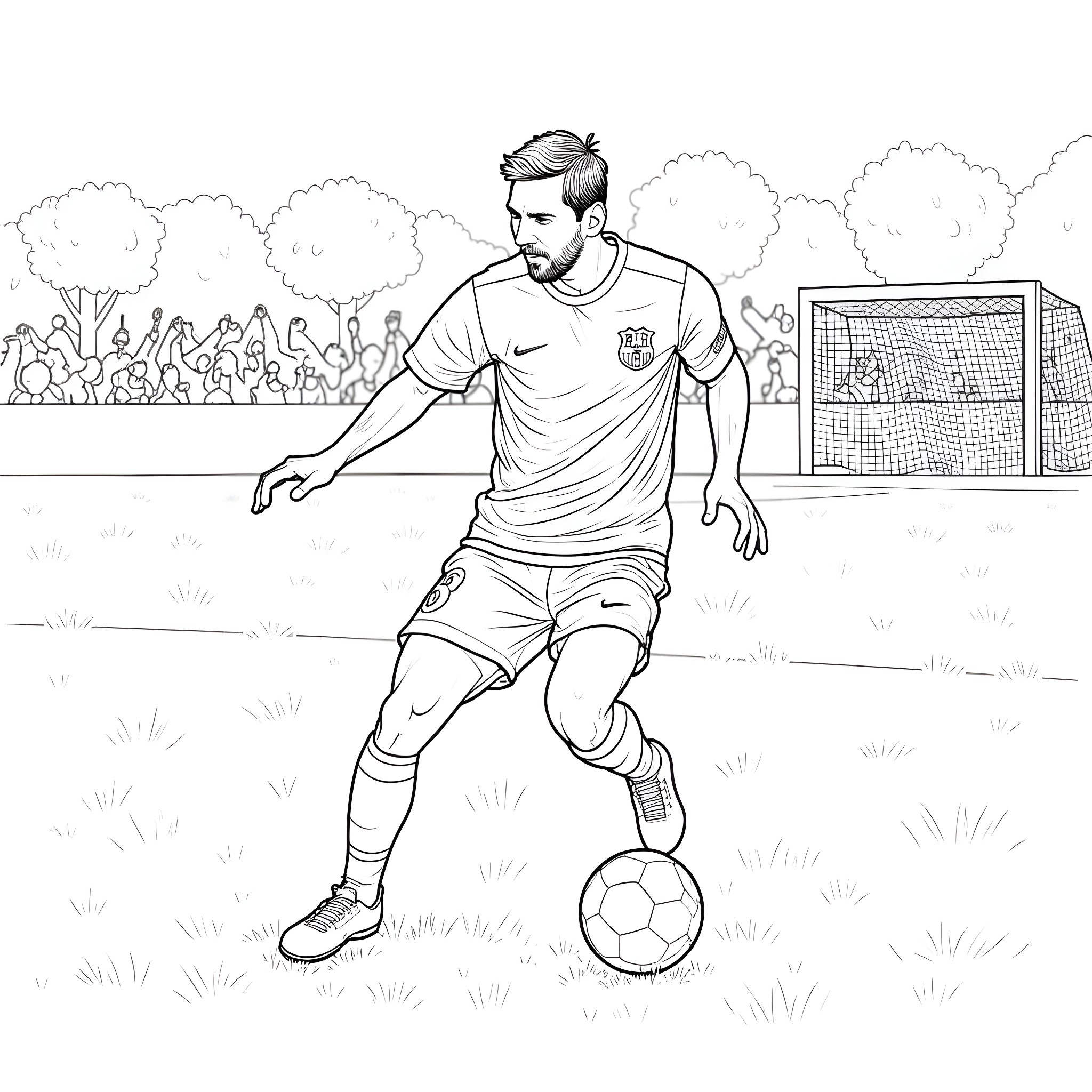 Messi dribbling the ball in a soccer match Coloring Page (free black-and-white line drawing printable PDF for all, from beginners to advanced learners, including children, teens, adults, and seniors)