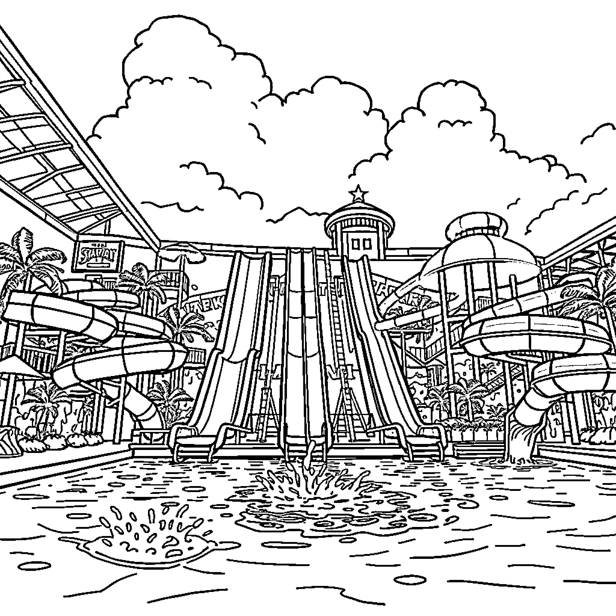 Waterpark with thrilling slides and attractions Coloring Page (free black-and-white line drawing printable PDF for all, from beginners to advanced learners, including children, teens, adults, and seniors)