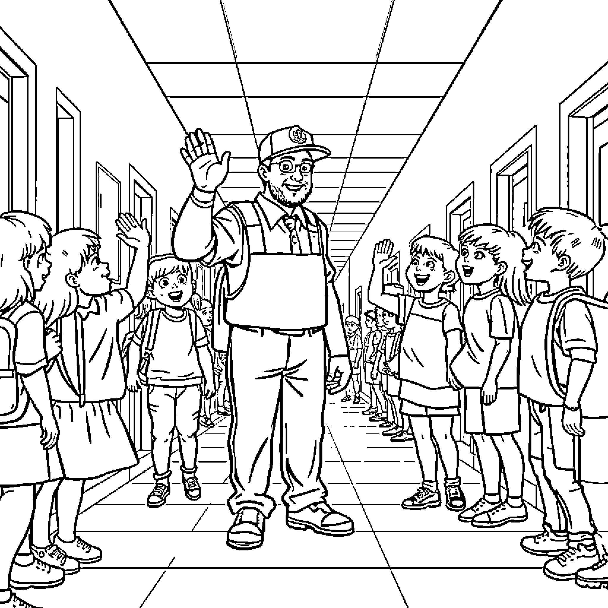 Custodian leading a group of children in the school hallway Coloring Page (free black-and-white line drawing printable PDF for all, from beginners to advanced learners, including children, teens, adults, and seniors)