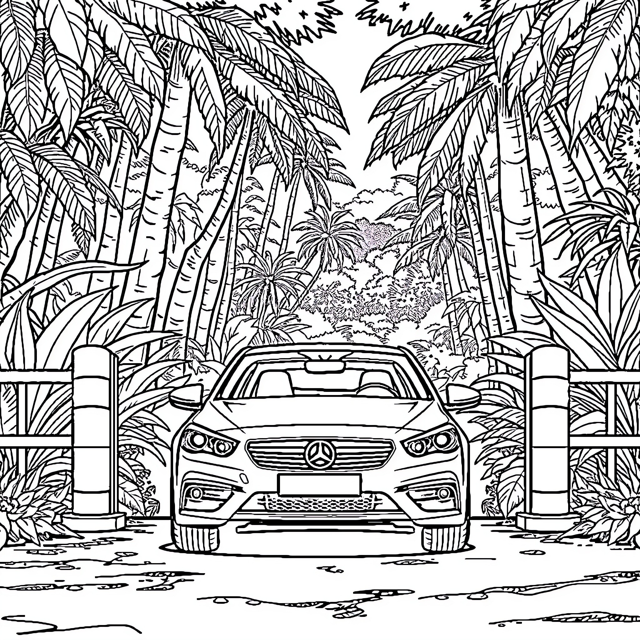 Car driving through tropical forest landscape Coloring Page (free black-and-white line drawing printable PDF for all, from beginners to advanced learners, including children, teens, adults, and seniors)