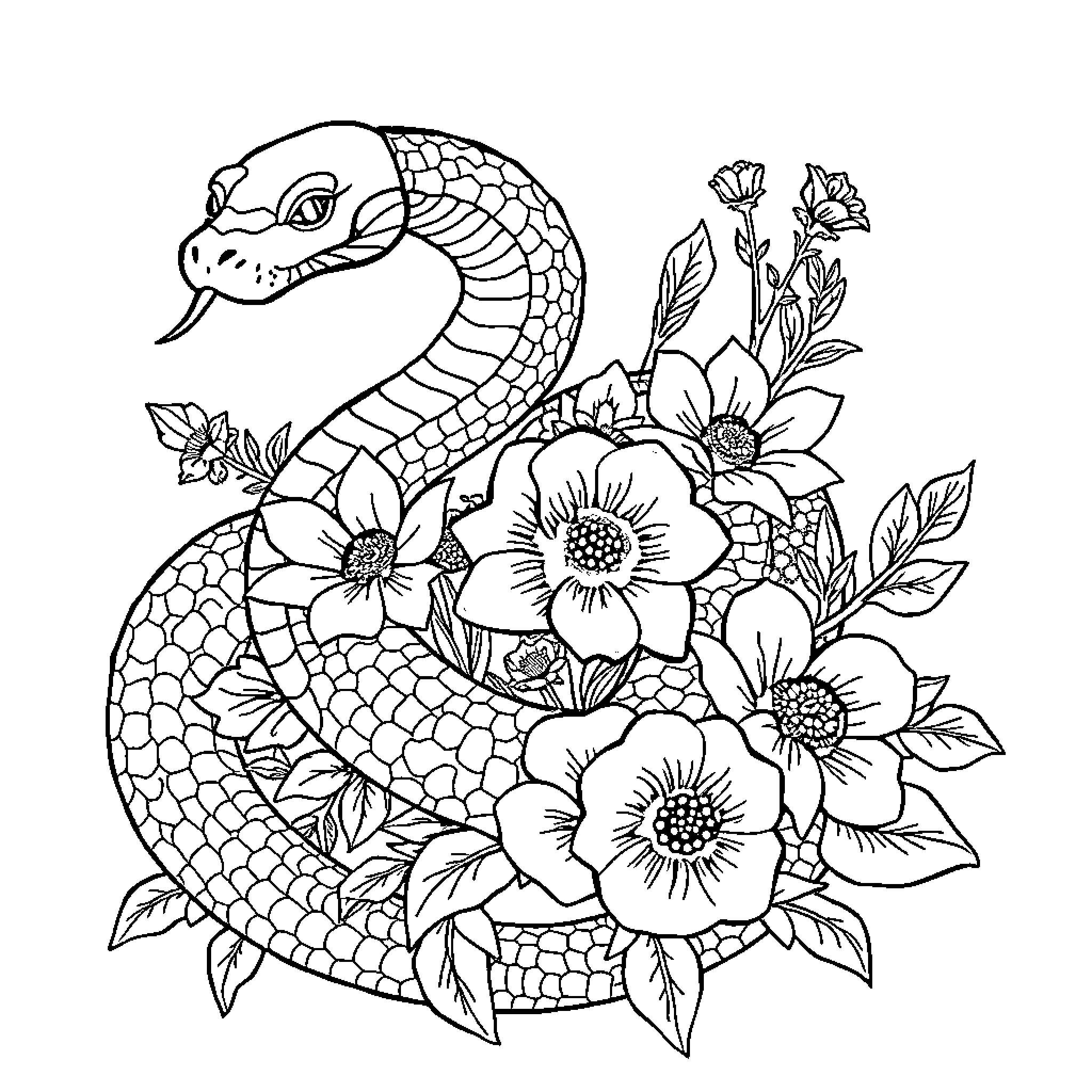 Snake coiled amongst vibrant floral patterns Coloring Page (free black-and-white line drawing printable PDF for all, from beginners to advanced learners, including children, teens, adults, and seniors)