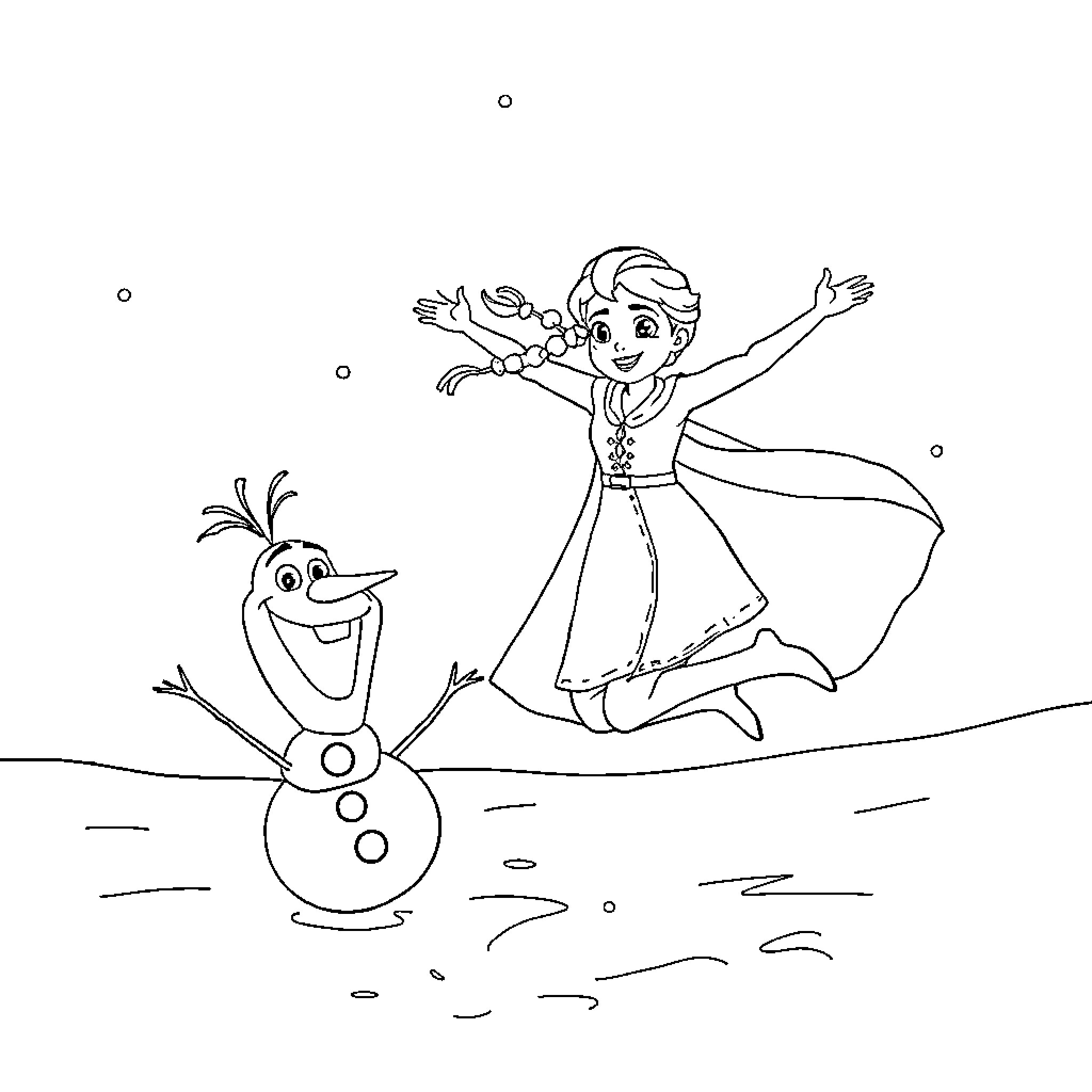 Elsa joyfully playing with Olaf in the snow Coloring Page (free black-and-white line drawing printable PDF for all, from beginners to advanced learners, including children, teens, adults, and seniors)