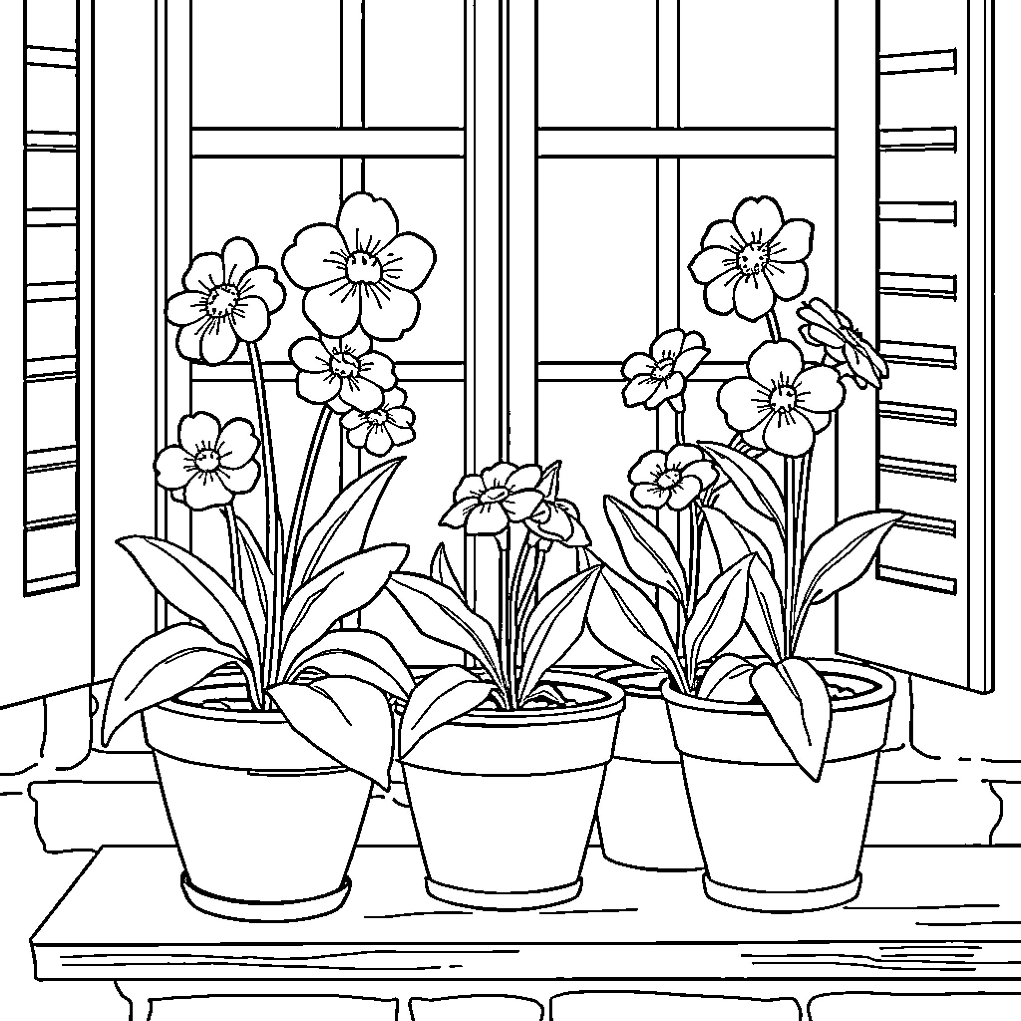 Flower plants sitting on a windowsill by a window Coloring Page (free black-and-white line drawing printable PDF for all, from beginners to advanced learners, including children, teens, adults, and seniors)
