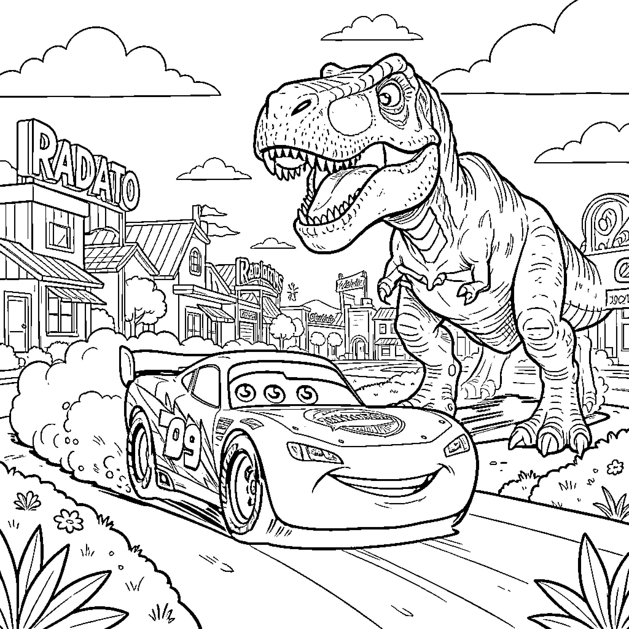 Lightning McQueen races through a town with dinosaurs Coloring Page (free black-and-white line drawing printable PDF for all, from beginners to advanced learners, including children, teens, adults, and seniors)