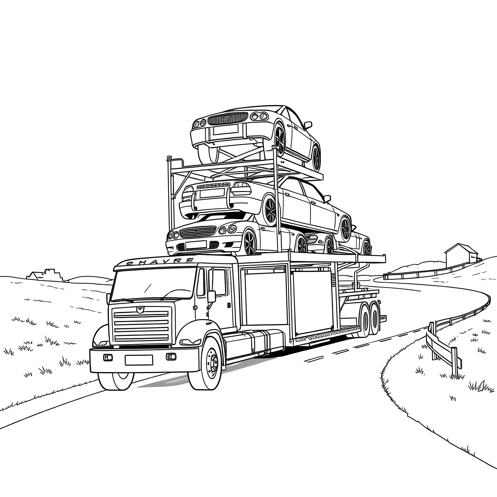 Car Hauler Transporting Vehicles on the Highway Coloring Page (free black-and-white line drawing printable PDF for all, from beginners to advanced learners, including children, teens, adults, and seniors)
