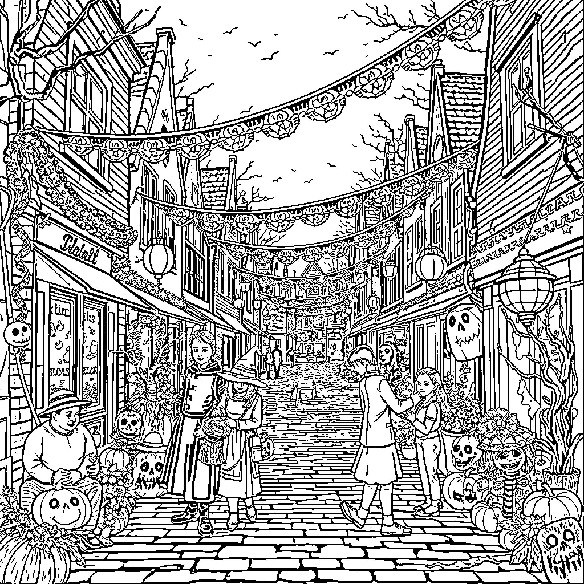 Halloween in a Festive Town Street Coloring Page (free black-and-white line drawing printable PDF for all, from beginners to advanced learners, including children, teens, adults, and seniors)