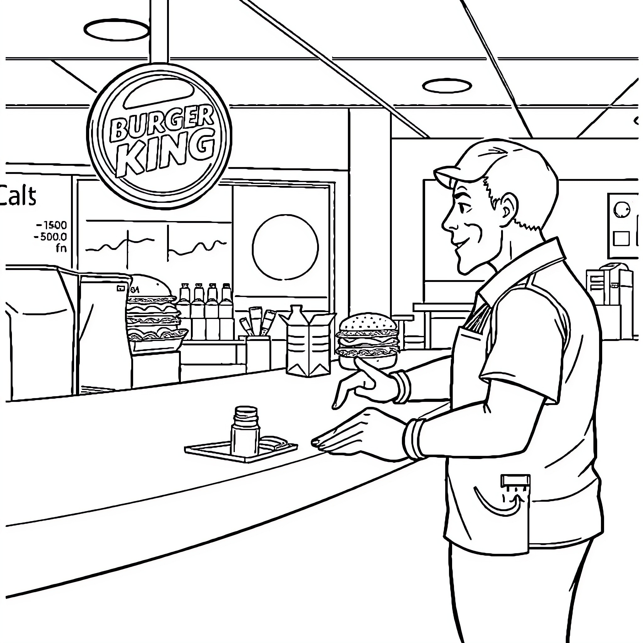 Burger King employee serving customer at the counter Coloring Page (free black-and-white line drawing printable PDF for all, from beginners to advanced learners, including children, teens, adults, and seniors)