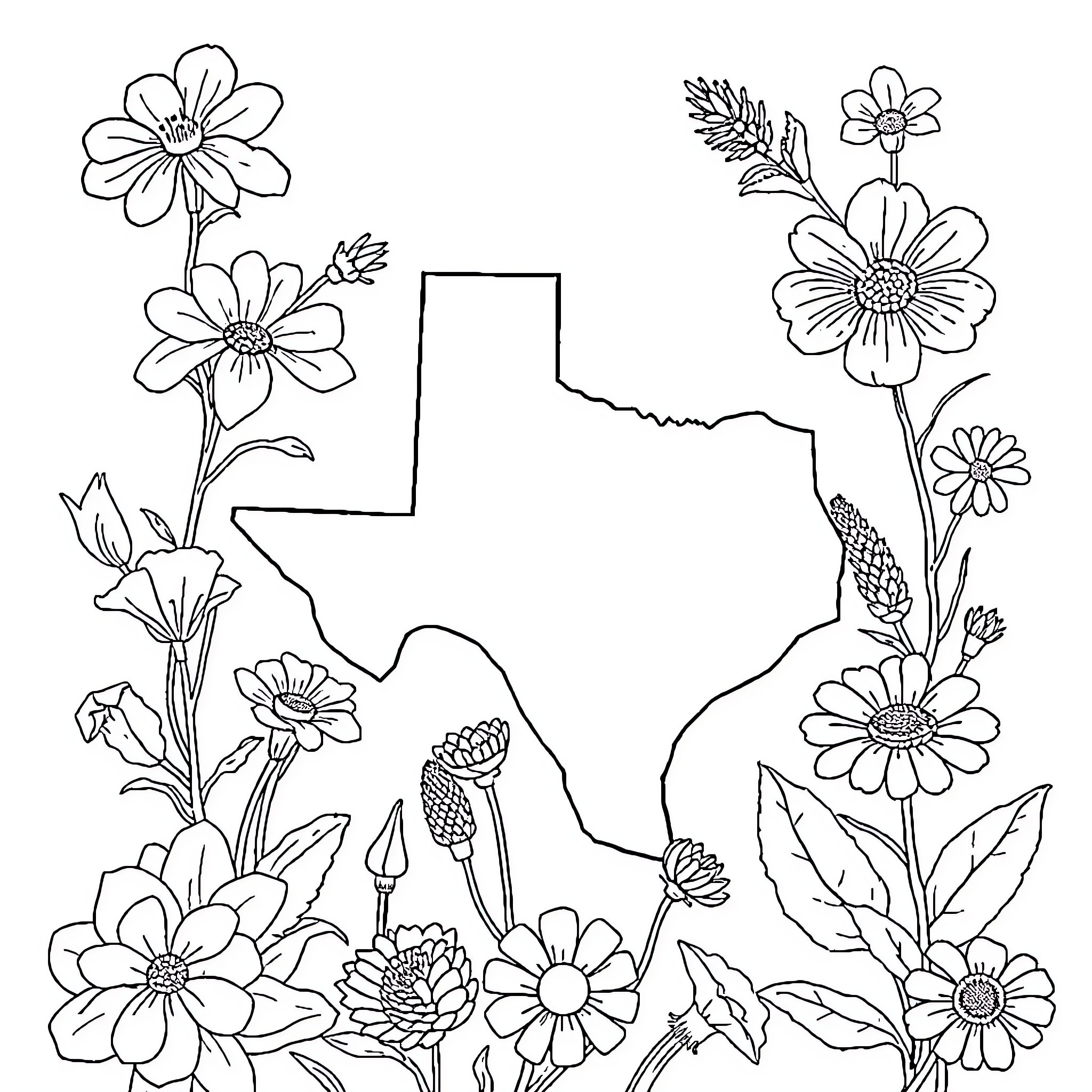 Book of Flowers and Texas Landscape Coloring Page (free black-and-white line drawing printable PDF for all, from beginners to advanced learners, including children, teens, adults, and seniors)