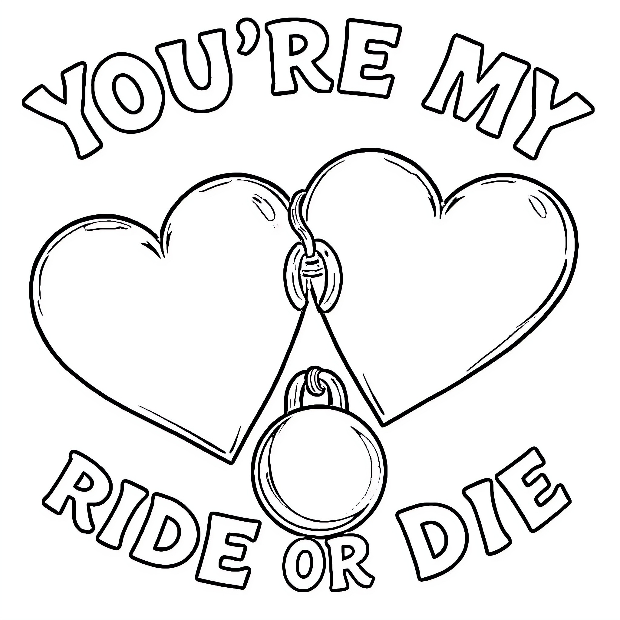 Heart-Shaped Ride or Die Coloring Page (free black-and-white line drawing printable PDF for all, from beginners to advanced learners, including children, teens, adults, and seniors)