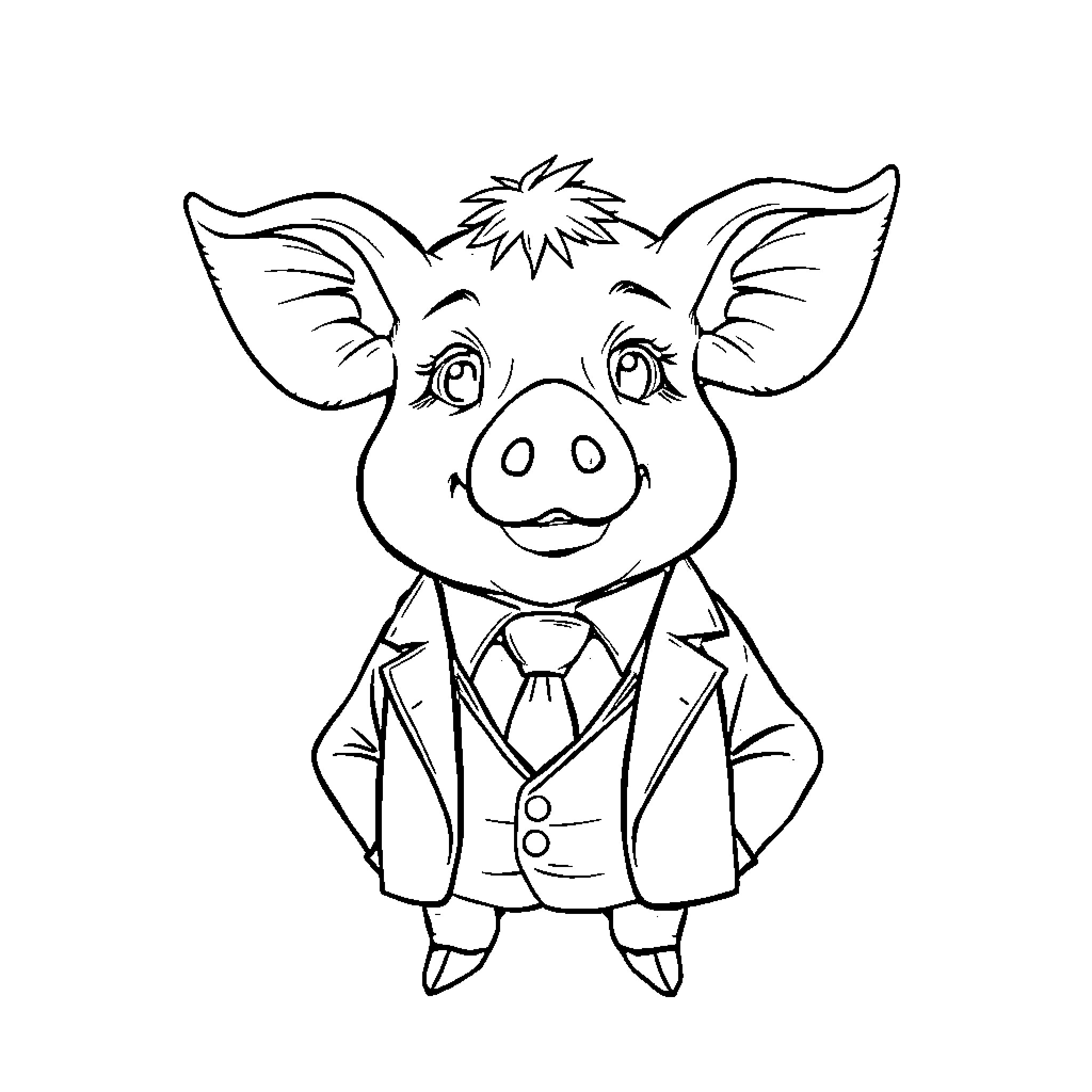 Pig dressed up in formal attire Coloring Page (free black-and-white line drawing printable PDF for all, from beginners to advanced learners, including children, teens, adults, and seniors)