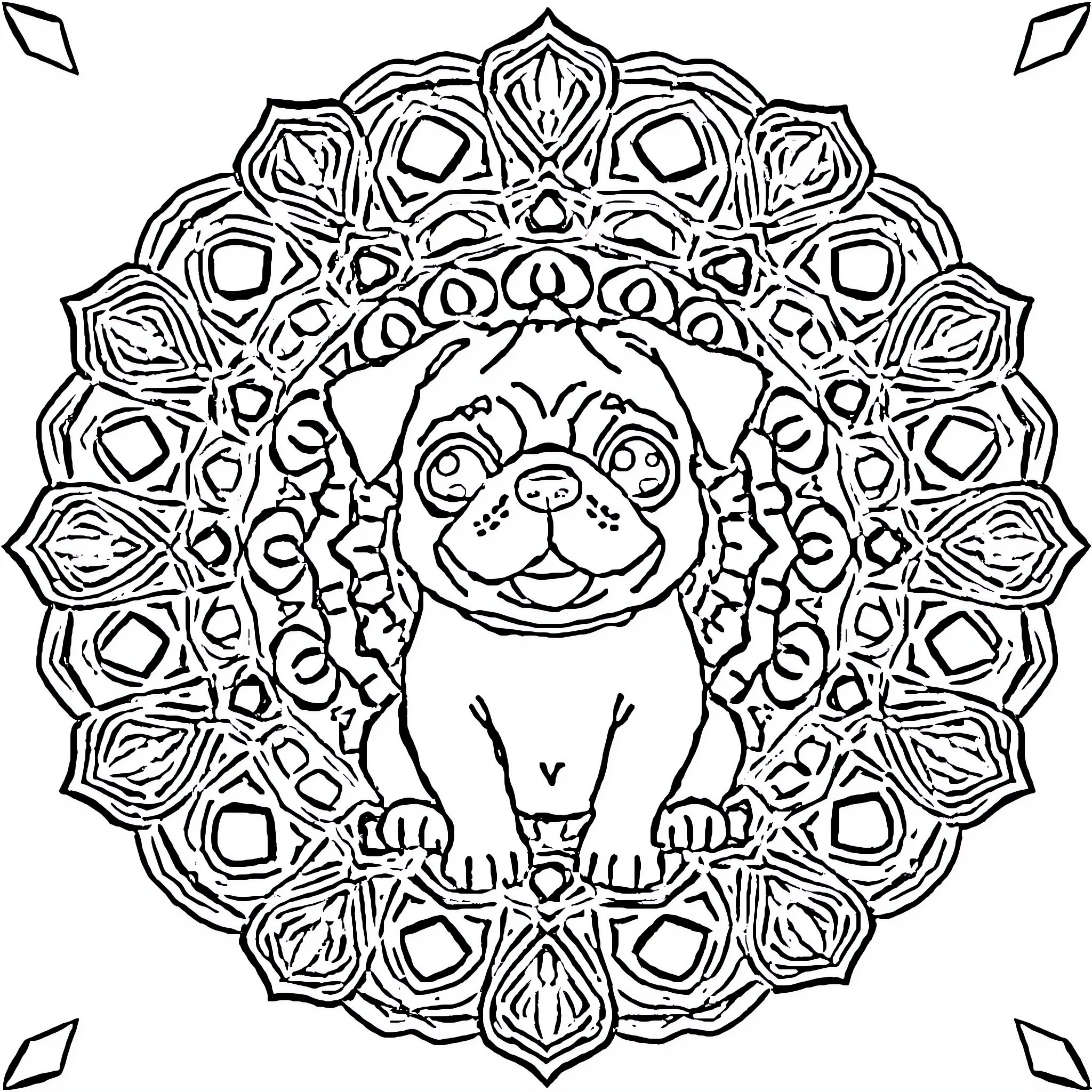Pug in mandala-style decorative frame Coloring Page (free black-and-white line drawing printable PDF for all, from beginners to advanced learners, including children, teens, adults, and seniors)