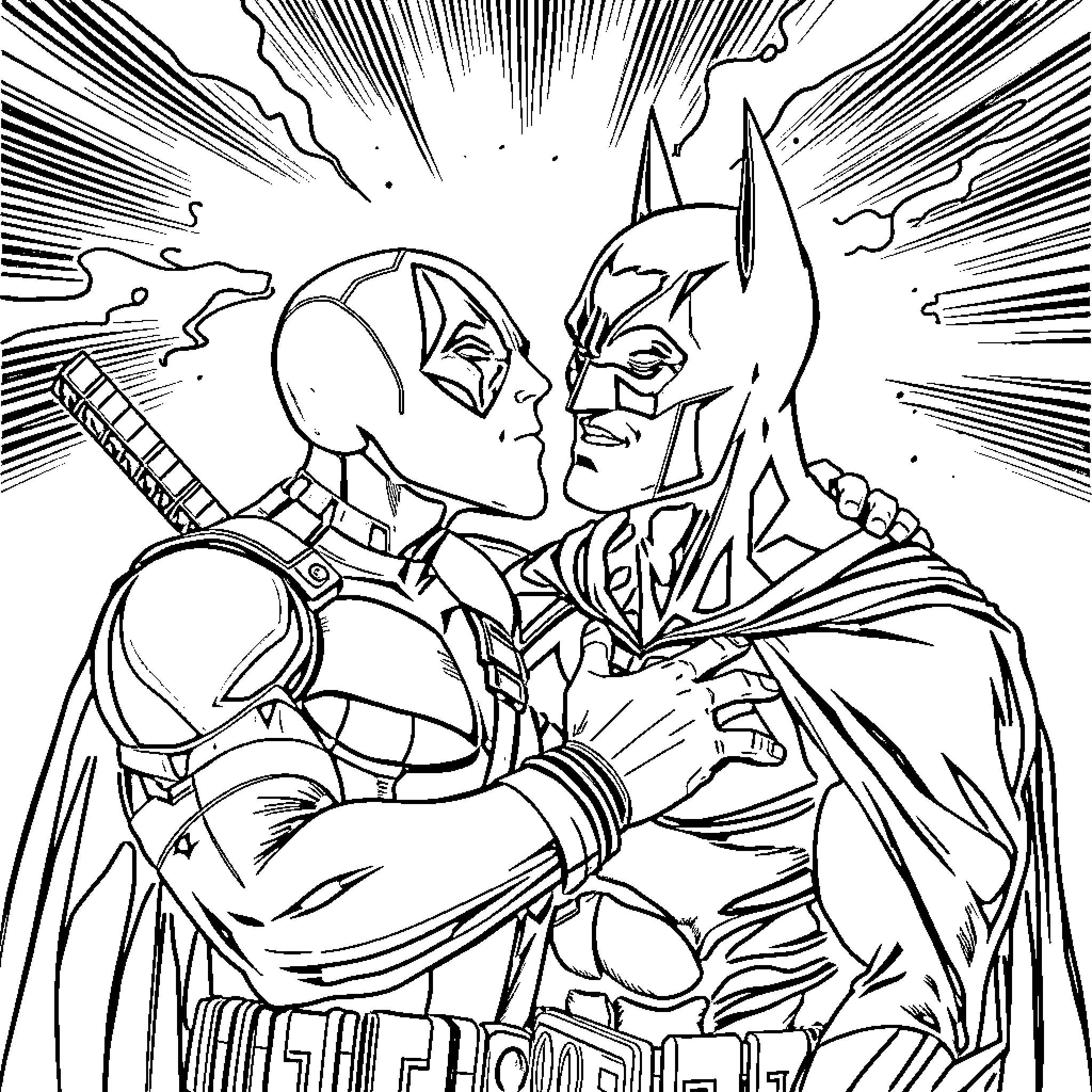 Deadpool and Batman Confronting Each Other Coloring Page (free black-and-white line drawing printable PDF for all, from beginners to advanced learners, including children, teens, adults, and seniors)