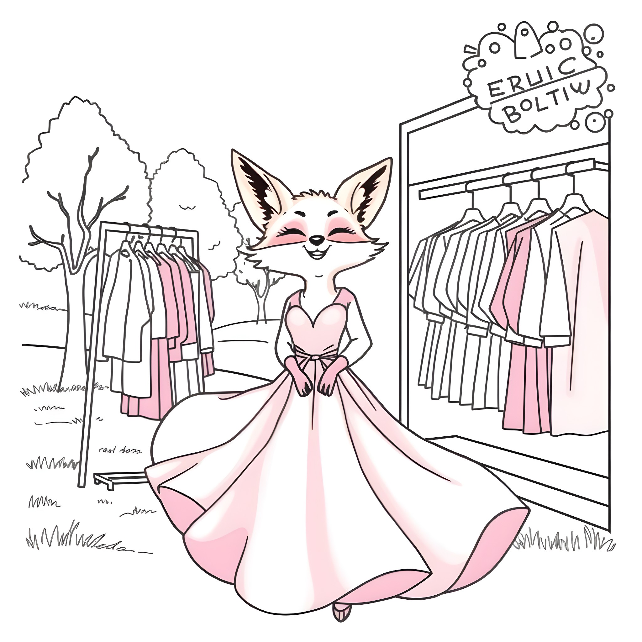Fox fashion model at the clothing store Coloring Page (free black-and-white line drawing printable PDF for all, from beginners to advanced learners, including children, teens, adults, and seniors)