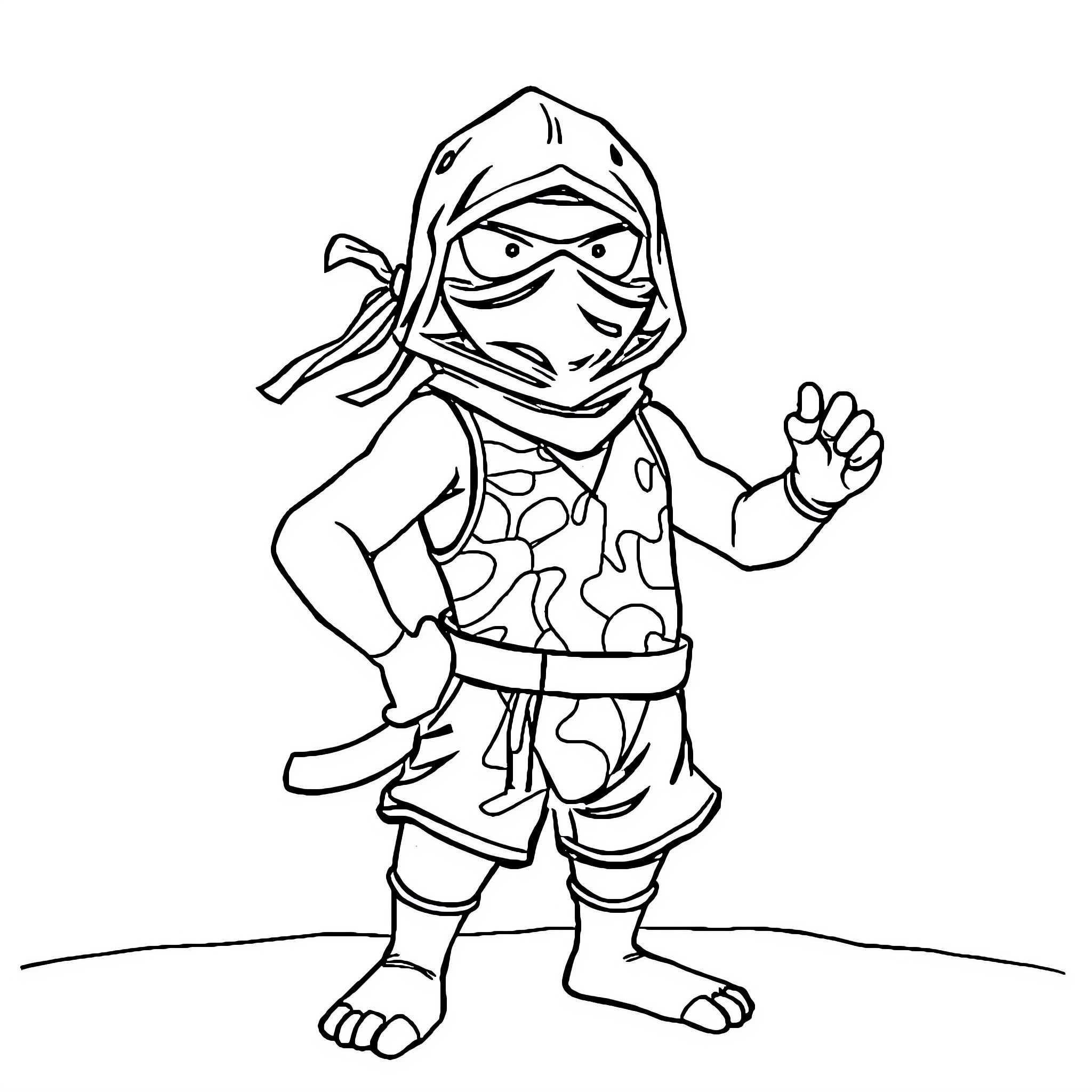 Ninja warrior in defensive pose Coloring Page (free black-and-white line drawing printable PDF for all, from beginners to advanced learners, including children, teens, adults, and seniors)