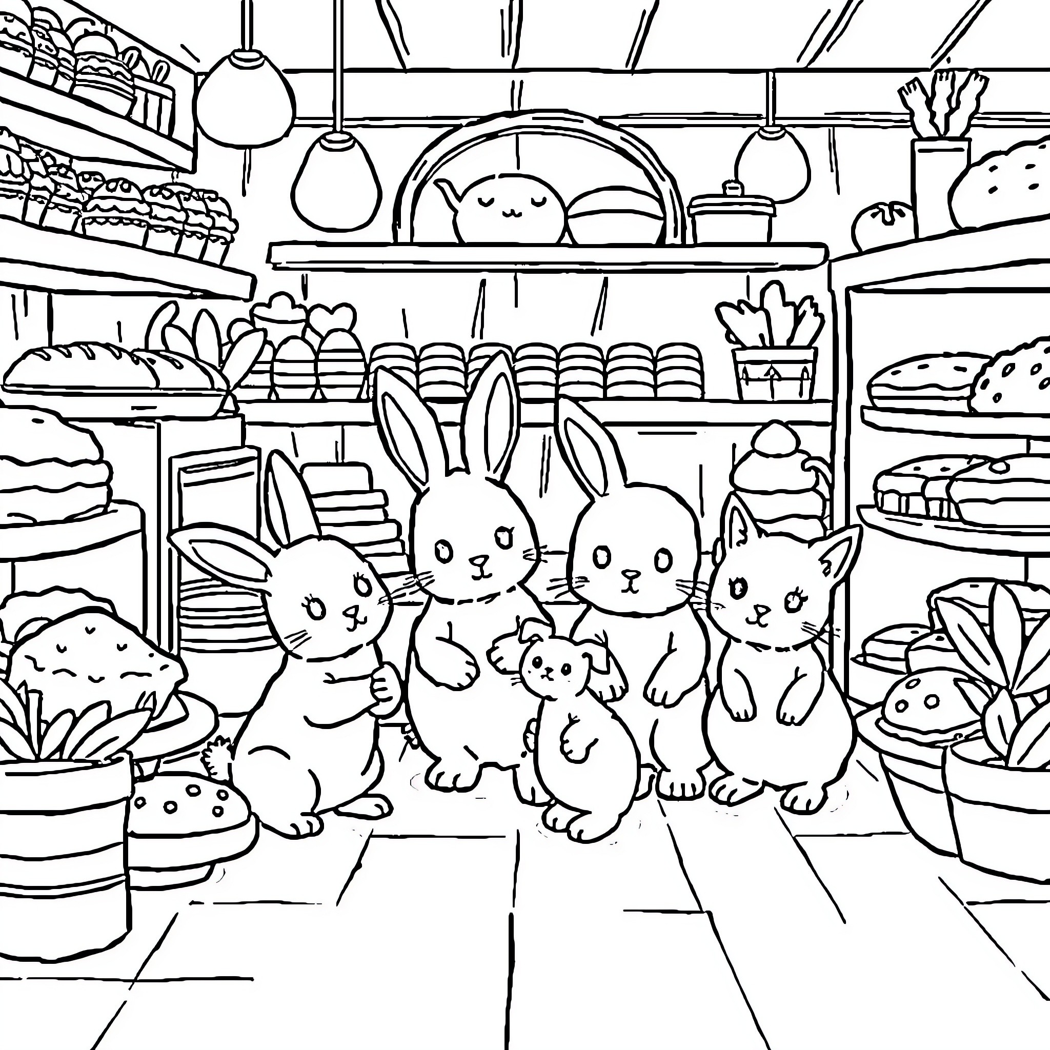Animal Bunnies exploring a busy grocery store Coloring Page (free black-and-white line drawing printable PDF for all, from beginners to advanced learners, including children, teens, adults, and seniors)