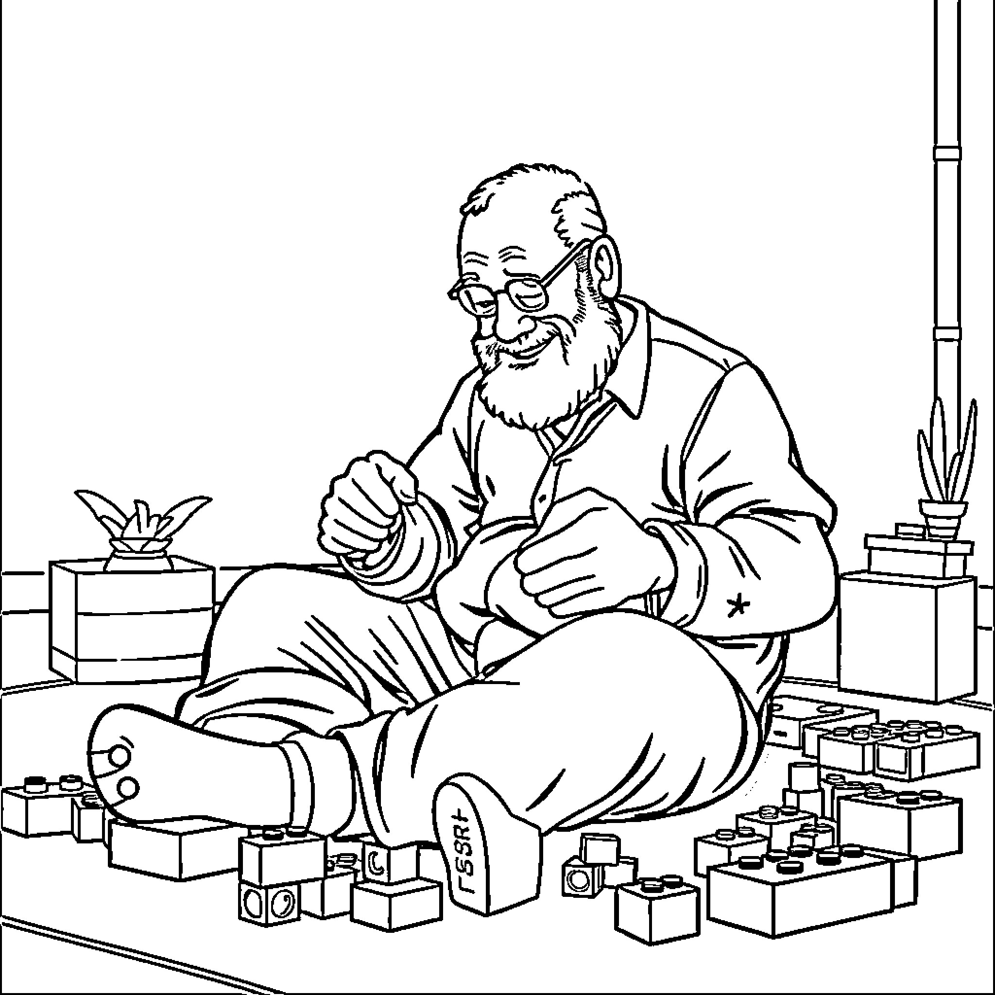 Papa enjoys his toys and books in cozy home Coloring Page (free black-and-white line drawing printable PDF for all, from beginners to advanced learners, including children, teens, adults, and seniors)