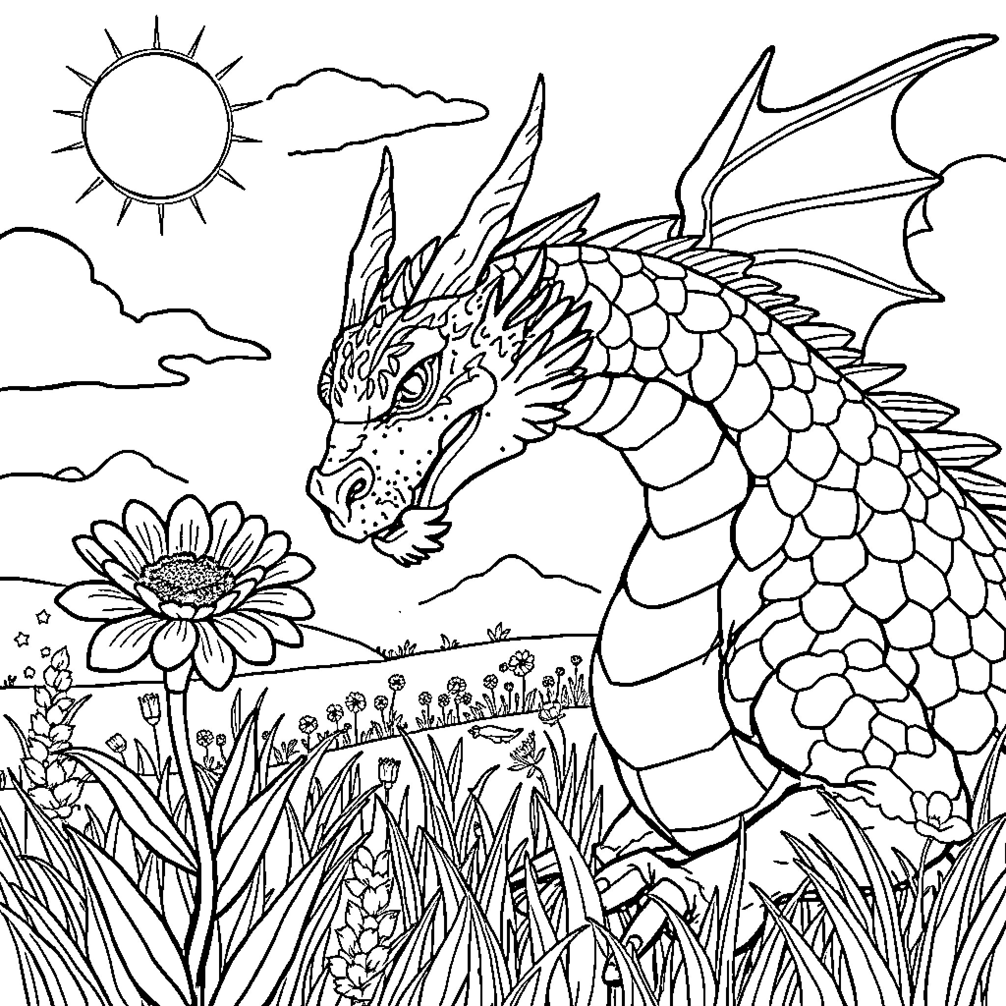 Dragon in a Peaceful Meadow Coloring Page (free black-and-white line drawing printable PDF for all, from beginners to advanced learners, including children, teens, adults, and seniors)
