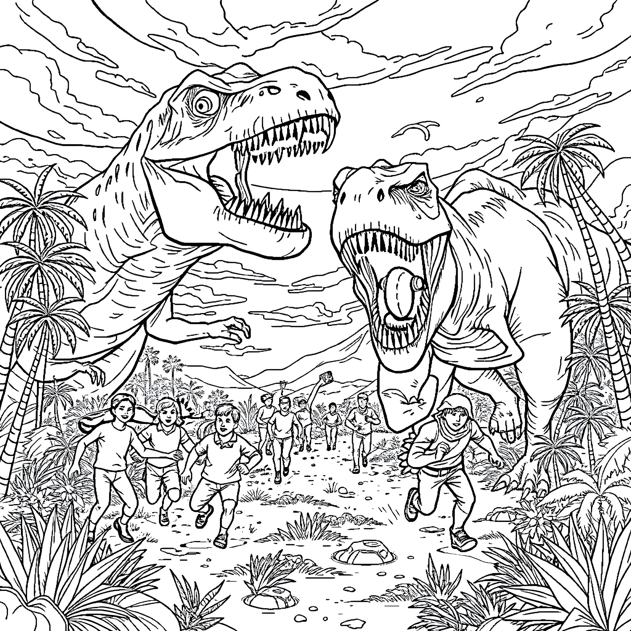 Person escaping from giant roaring dinosaurs in prehistoric landscape Coloring Page (free black-and-white line drawing printable PDF for all, from beginners to advanced learners, including children, teens, adults, and seniors)