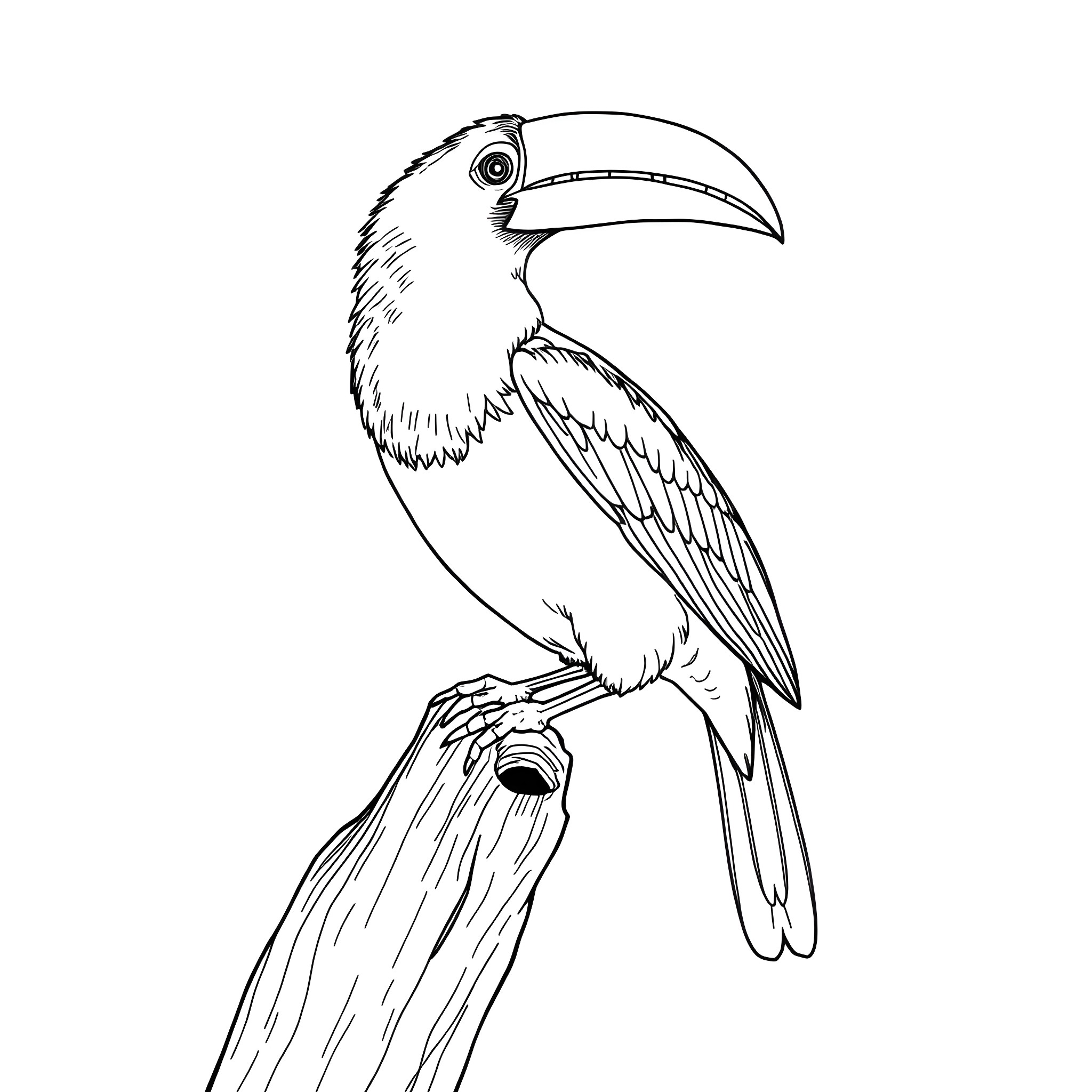 Toucanet perched on a branch Coloring Page (free black-and-white line drawing printable PDF for all, from beginners to advanced learners, including children, teens, adults, and seniors)
