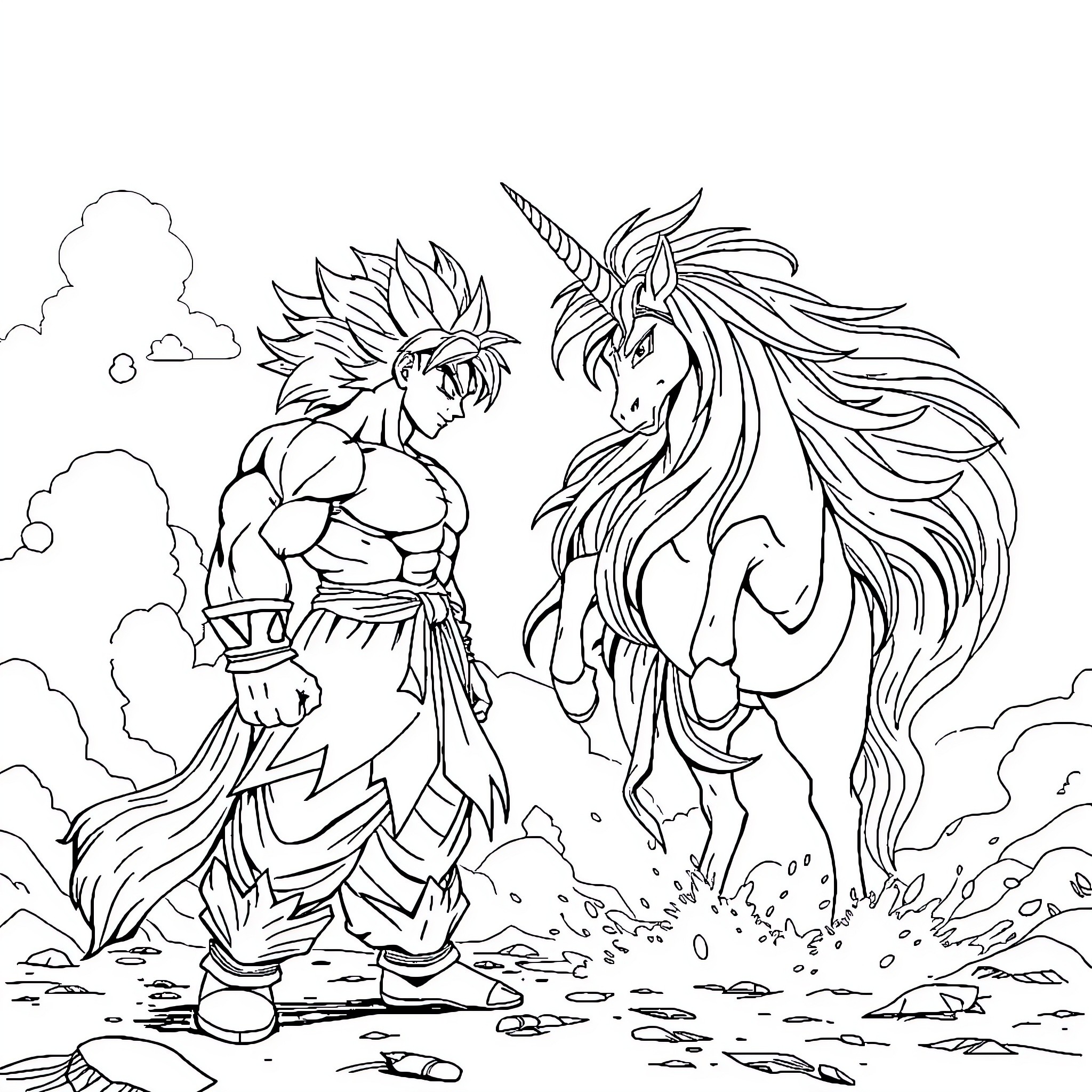 Broly's Fierce Encounter with the Majestic Unicorn Coloring Page (free black-and-white line drawing printable PDF for all, from beginners to advanced learners, including children, teens, adults, and seniors)