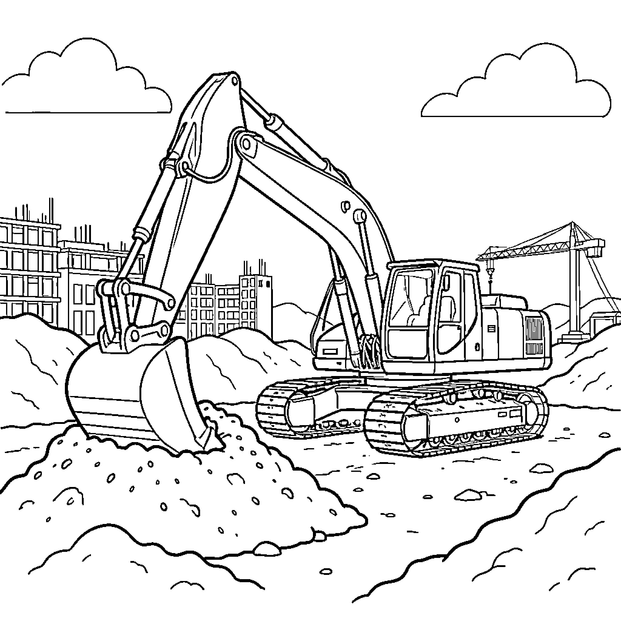 Excavator working on construction site Coloring Page (free black-and-white line drawing printable PDF for all, from beginners to advanced learners, including children, teens, adults, and seniors)