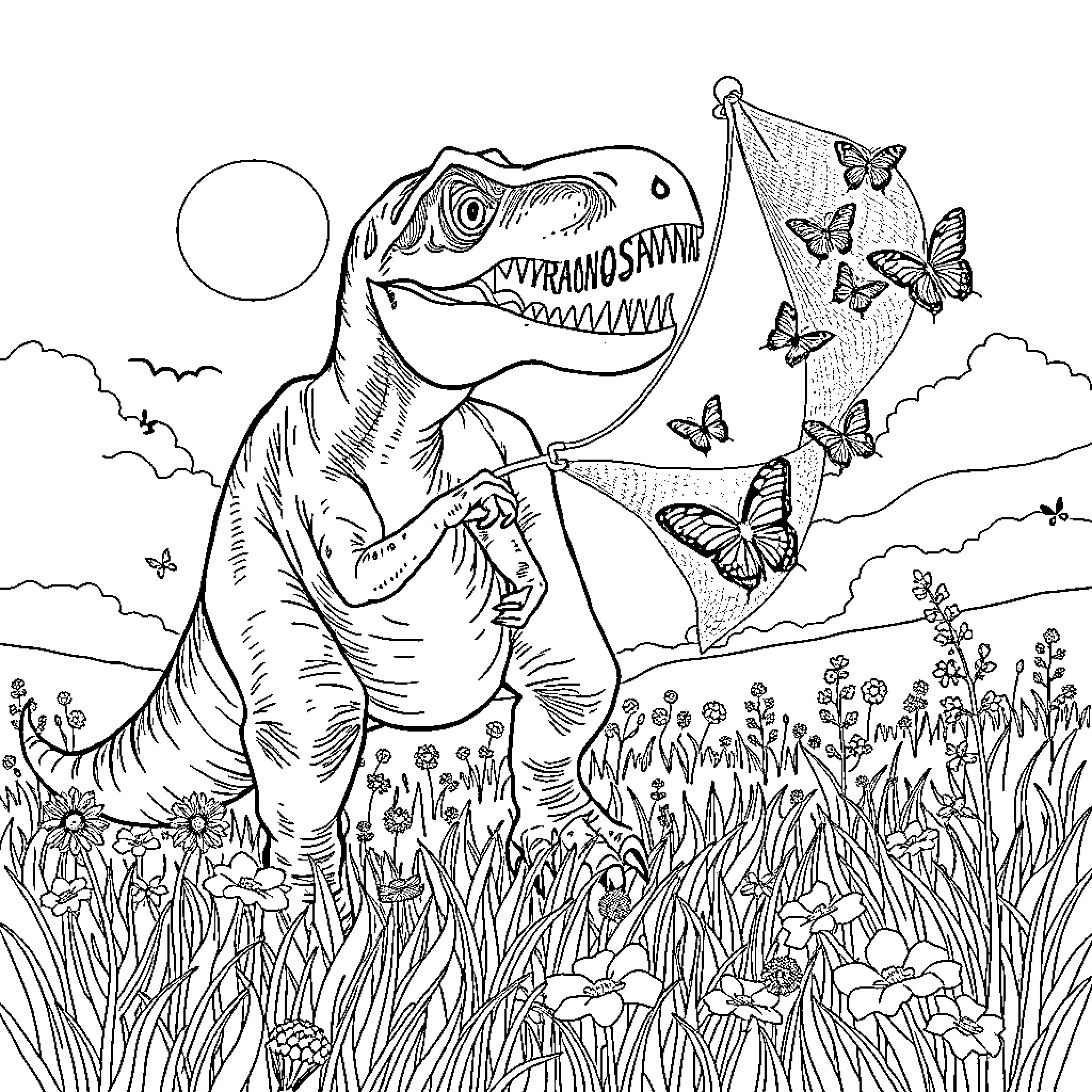 Tyrannosaurus chasing butterflies in a floral meadow Coloring Page (free black-and-white line drawing printable PDF for all, from beginners to advanced learners, including children, teens, adults, and seniors)