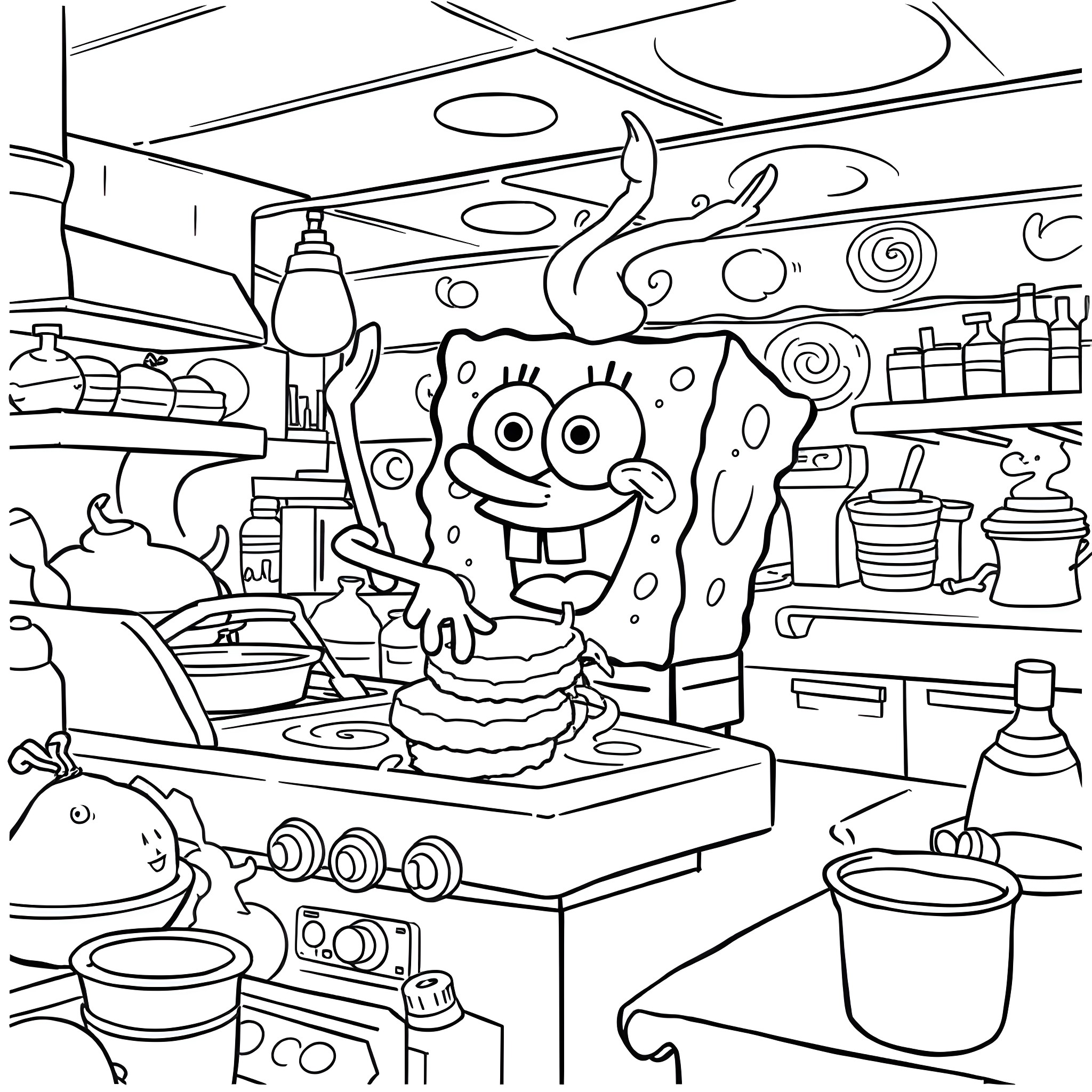Spongebob Cooking in the Kitchen with Utensils Coloring Page (free black-and-white line drawing printable PDF for all, from beginners to advanced learners, including children, teens, adults, and seniors)
