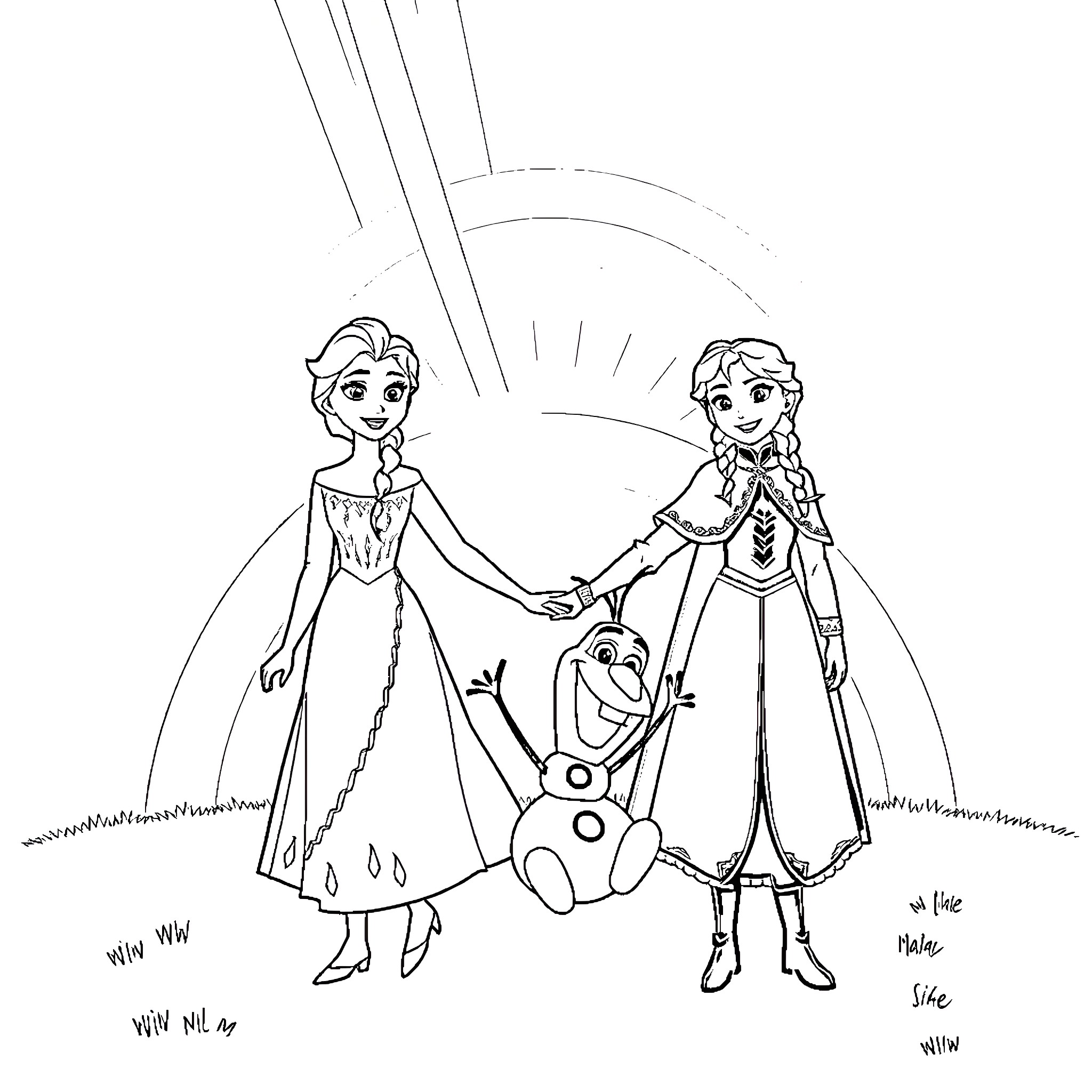 Elsa and Anna enjoying a sunny day with Olaf Coloring Page (free black-and-white line drawing printable PDF for all, from beginners to advanced learners, including children, teens, adults, and seniors)